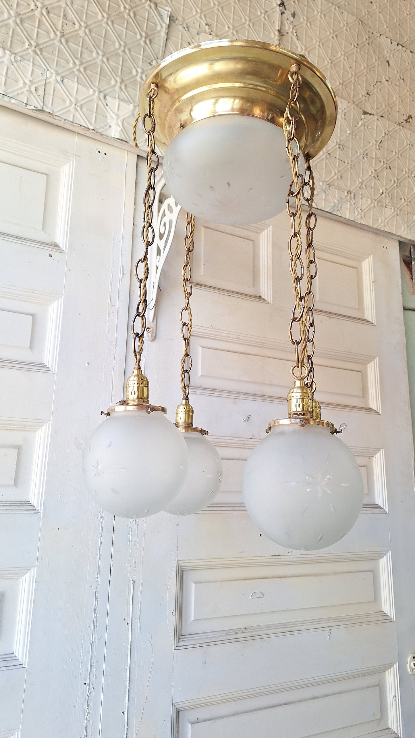 Antique Brass Chandelier: Flush Mount with Hanging Globes