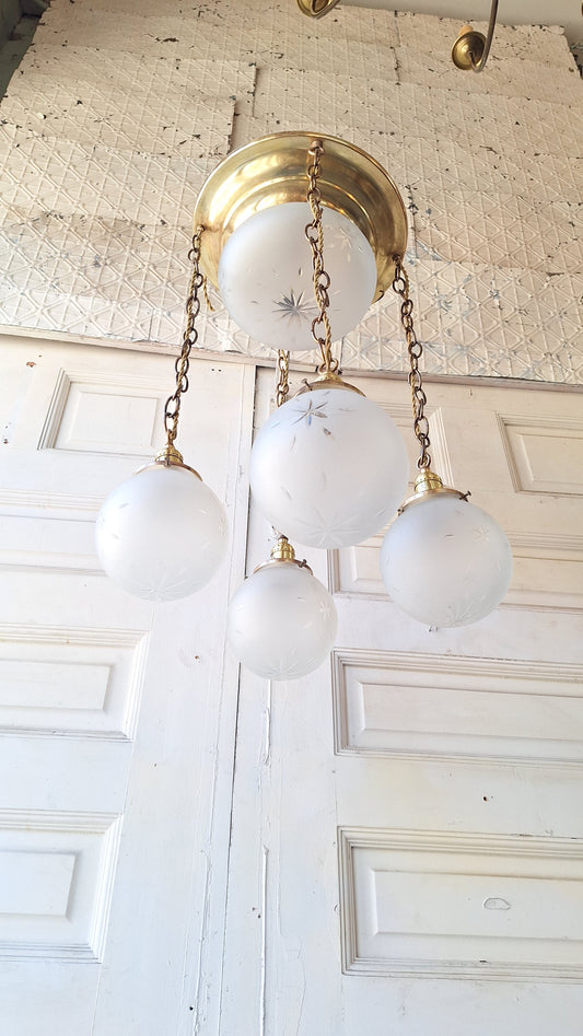 Antique Brass Chandelier: Flush Mount with Hanging Globes