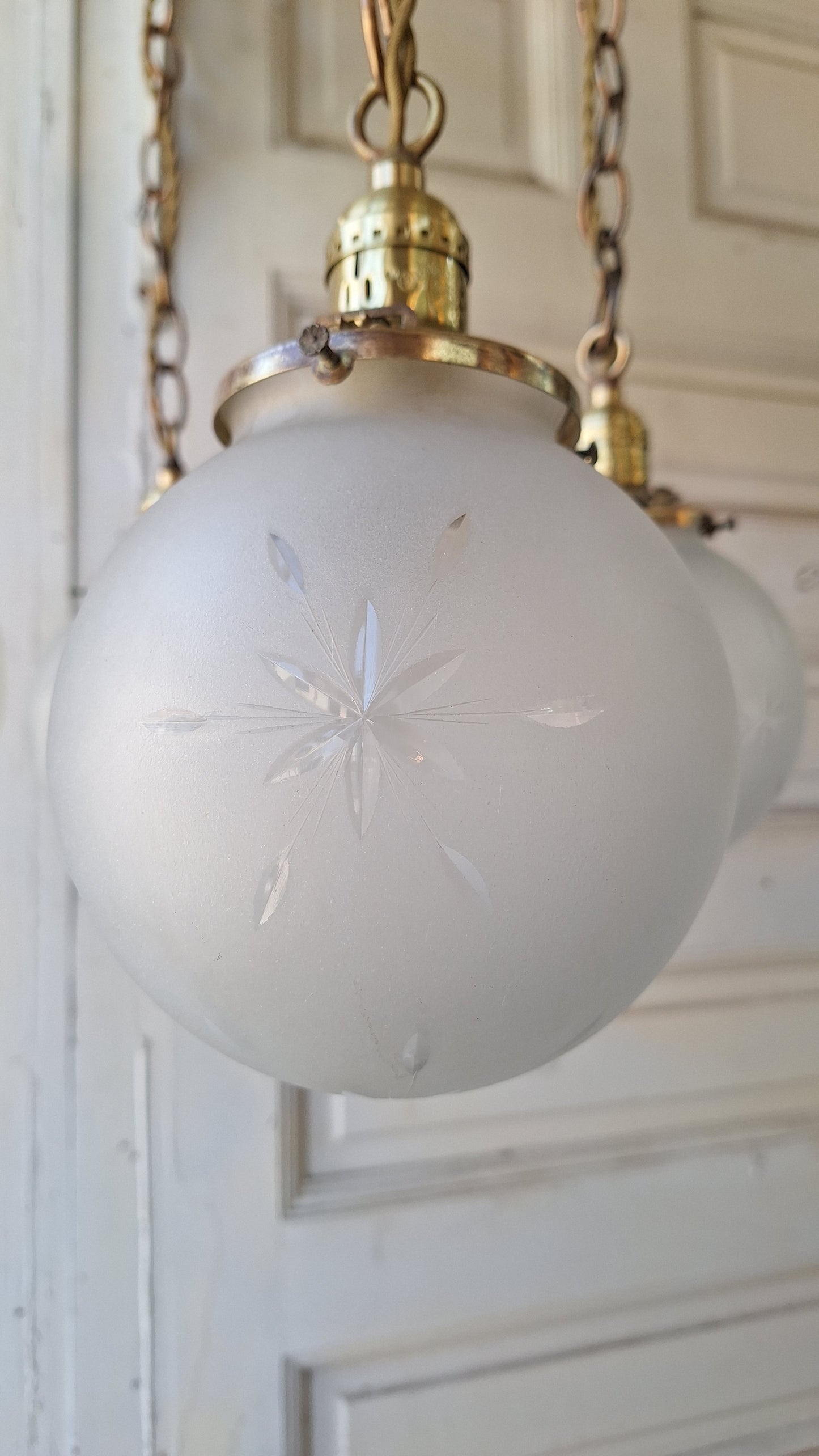 Antique Brass Chandelier: Flush Mount with Hanging Globes