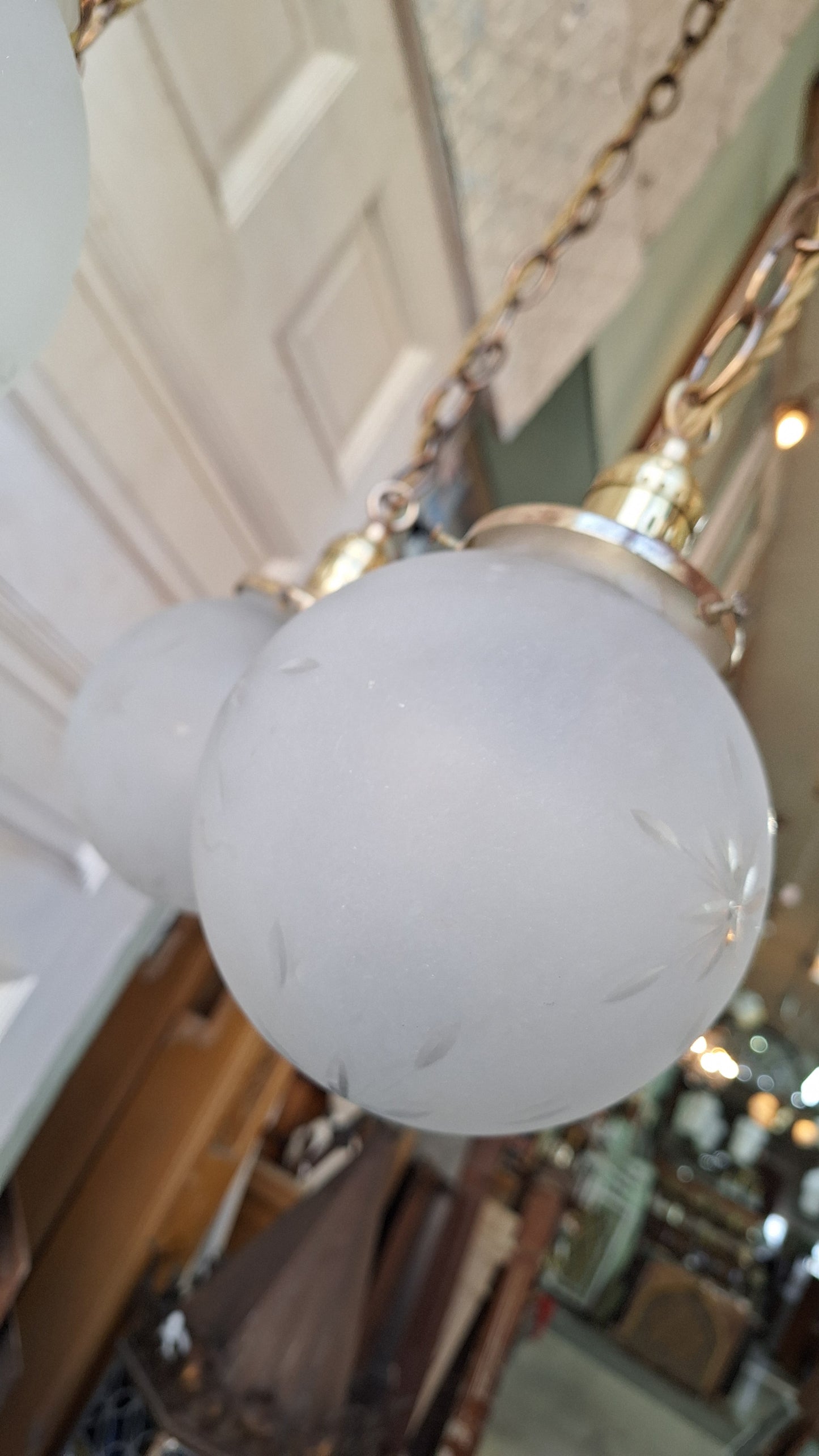 Antique Brass Chandelier: Flush Mount with Hanging Globes