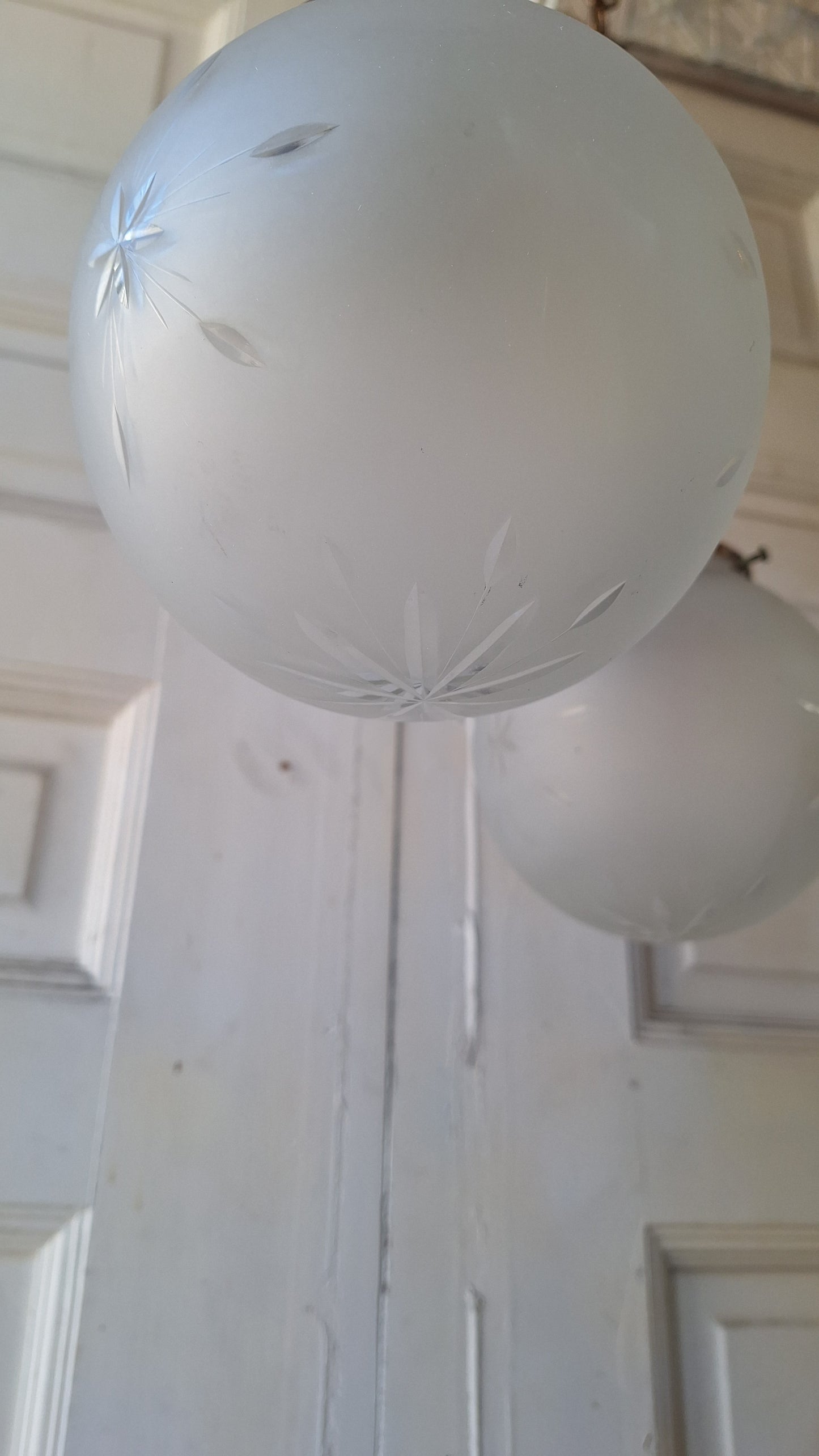 Antique Brass Chandelier: Flush Mount with Hanging Globes