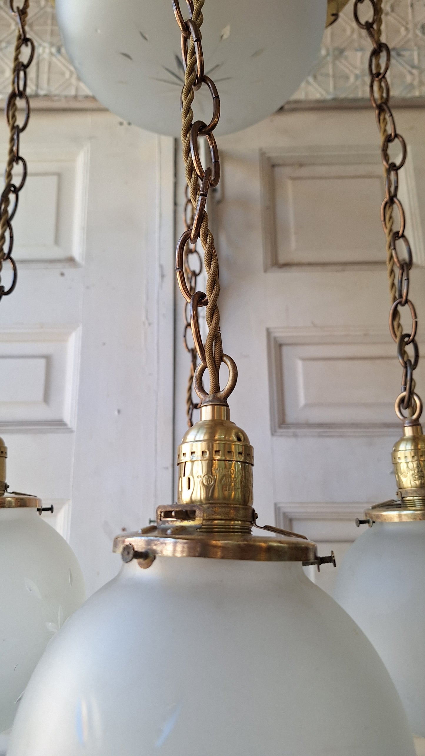 Antique Brass Chandelier: Flush Mount with Hanging Globes