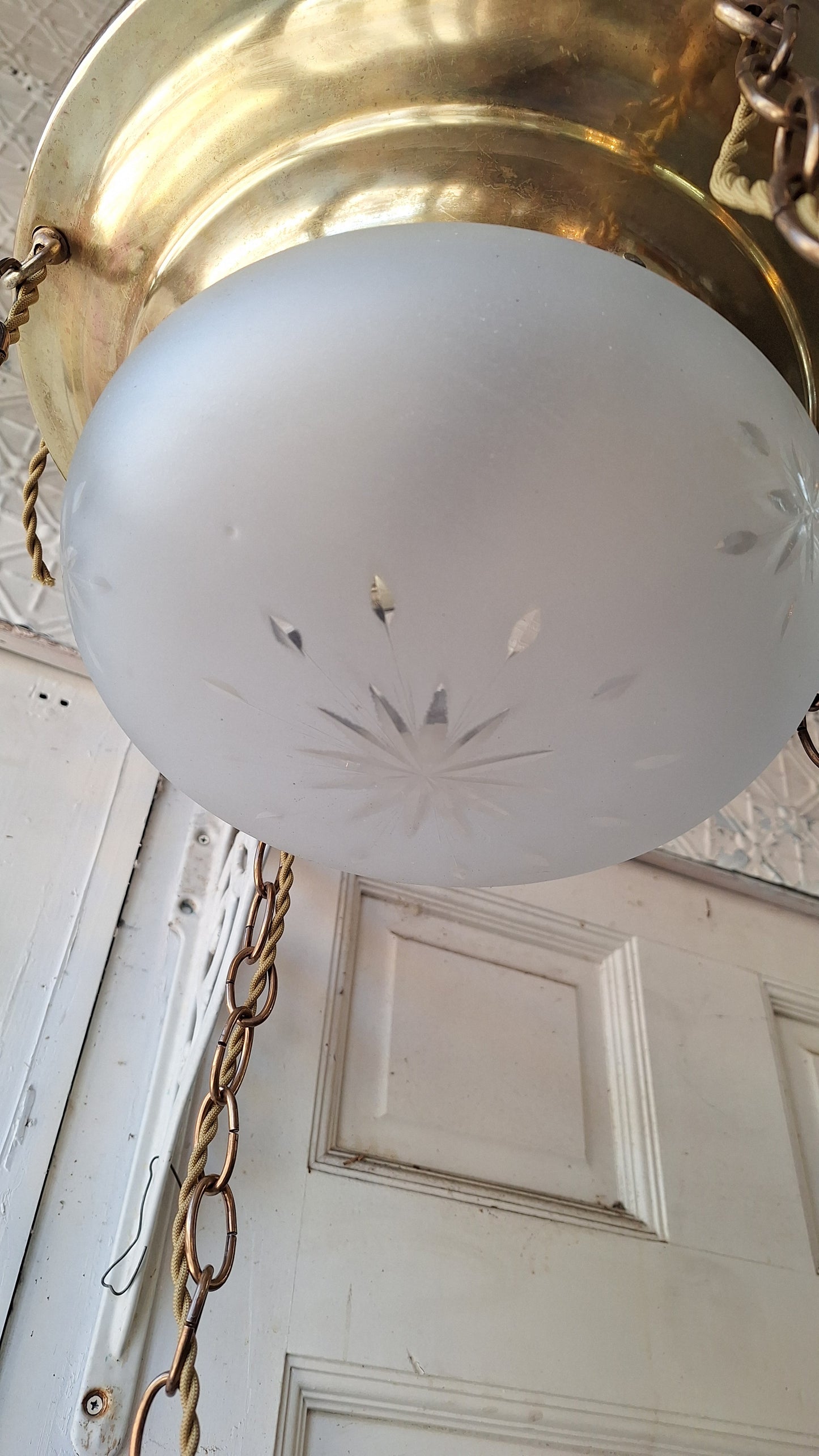 Antique Brass Chandelier: Flush Mount with Hanging Globes