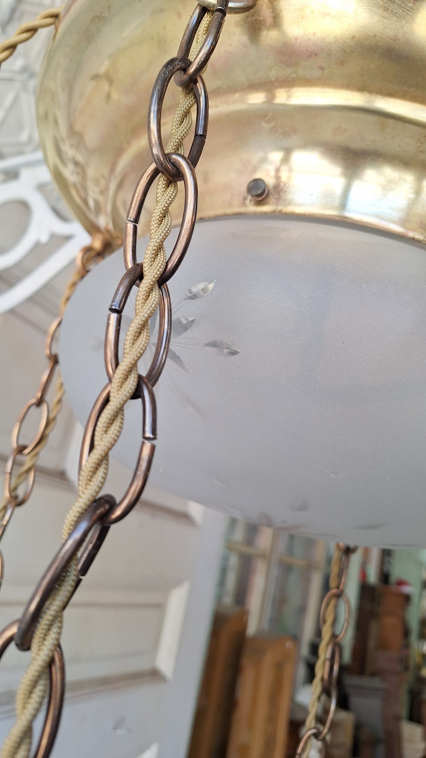Antique Brass Chandelier: Flush Mount with Hanging Globes