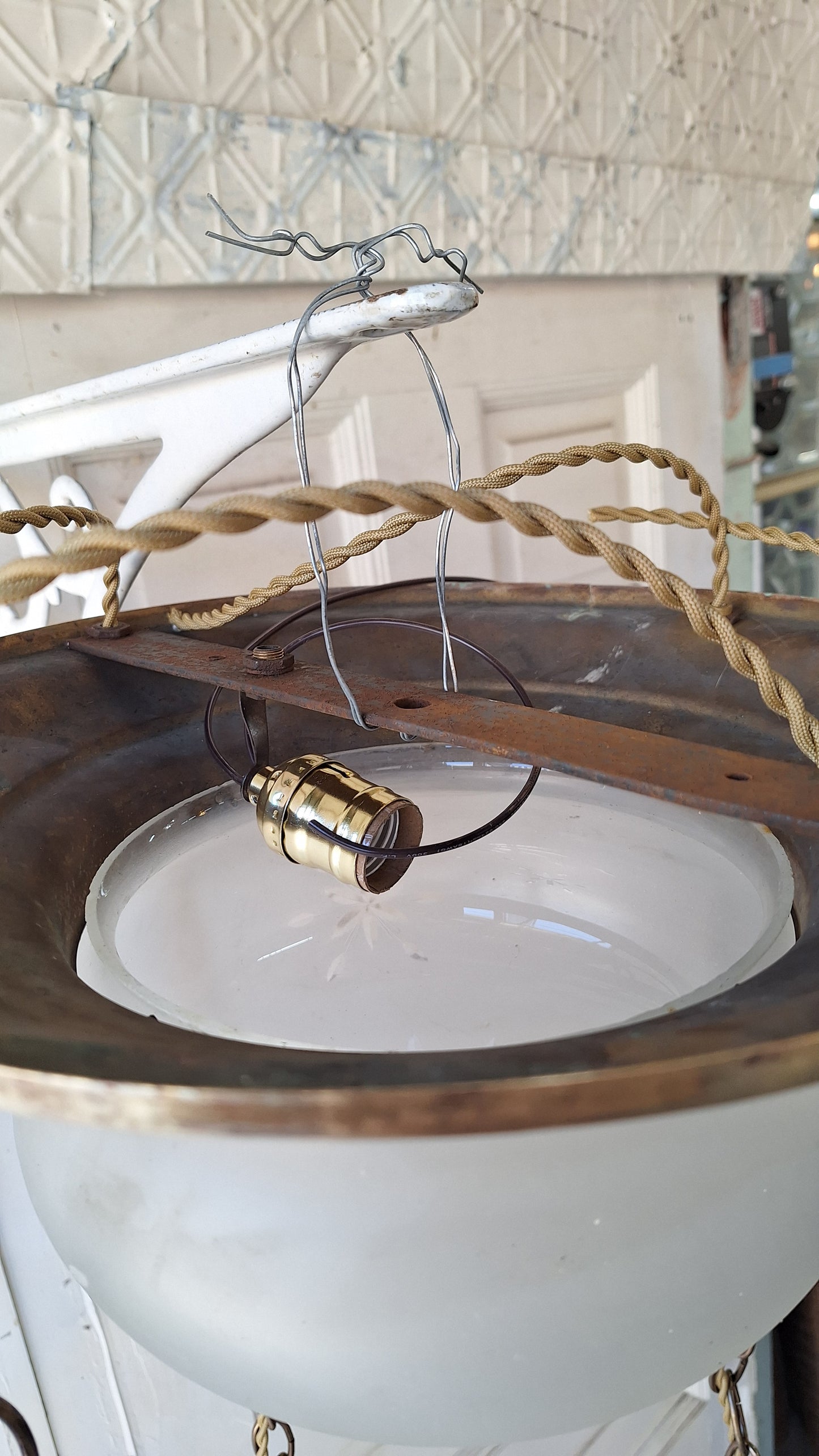 Antique Brass Chandelier: Flush Mount with Hanging Globes
