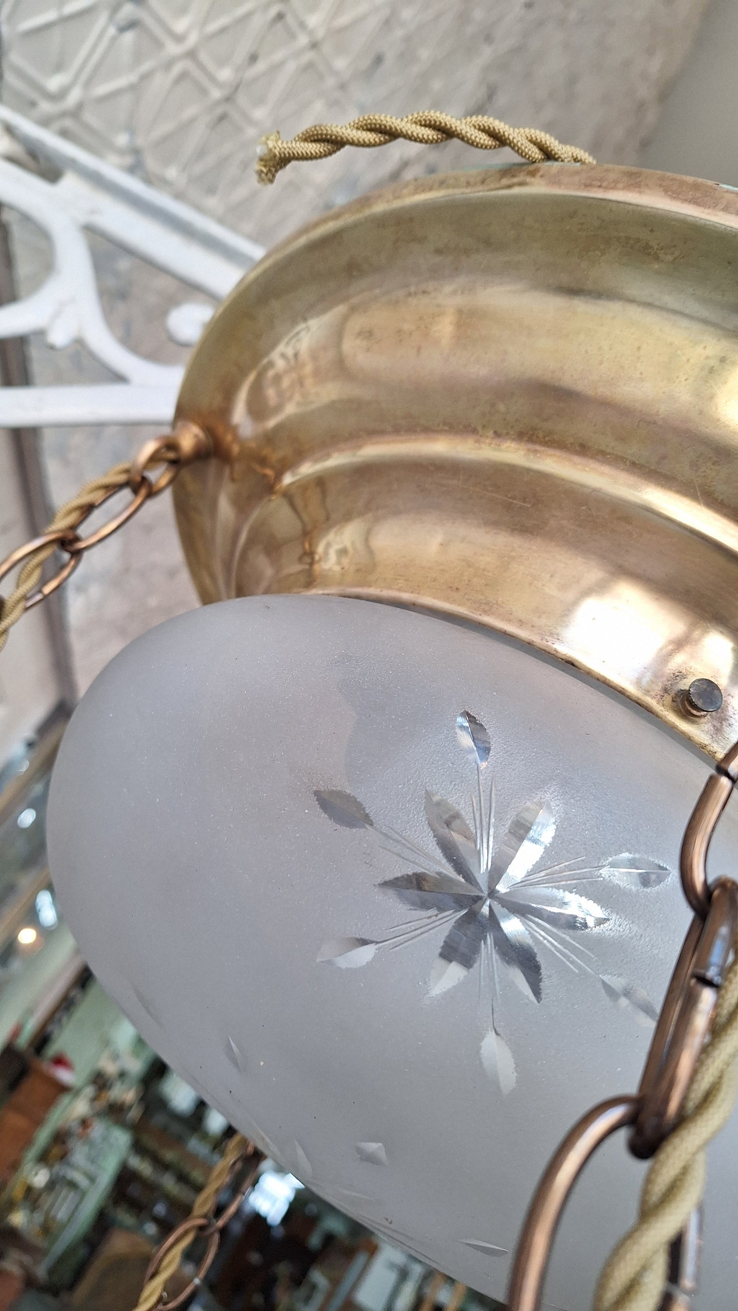 Antique Brass Chandelier: Flush Mount with Hanging Globes