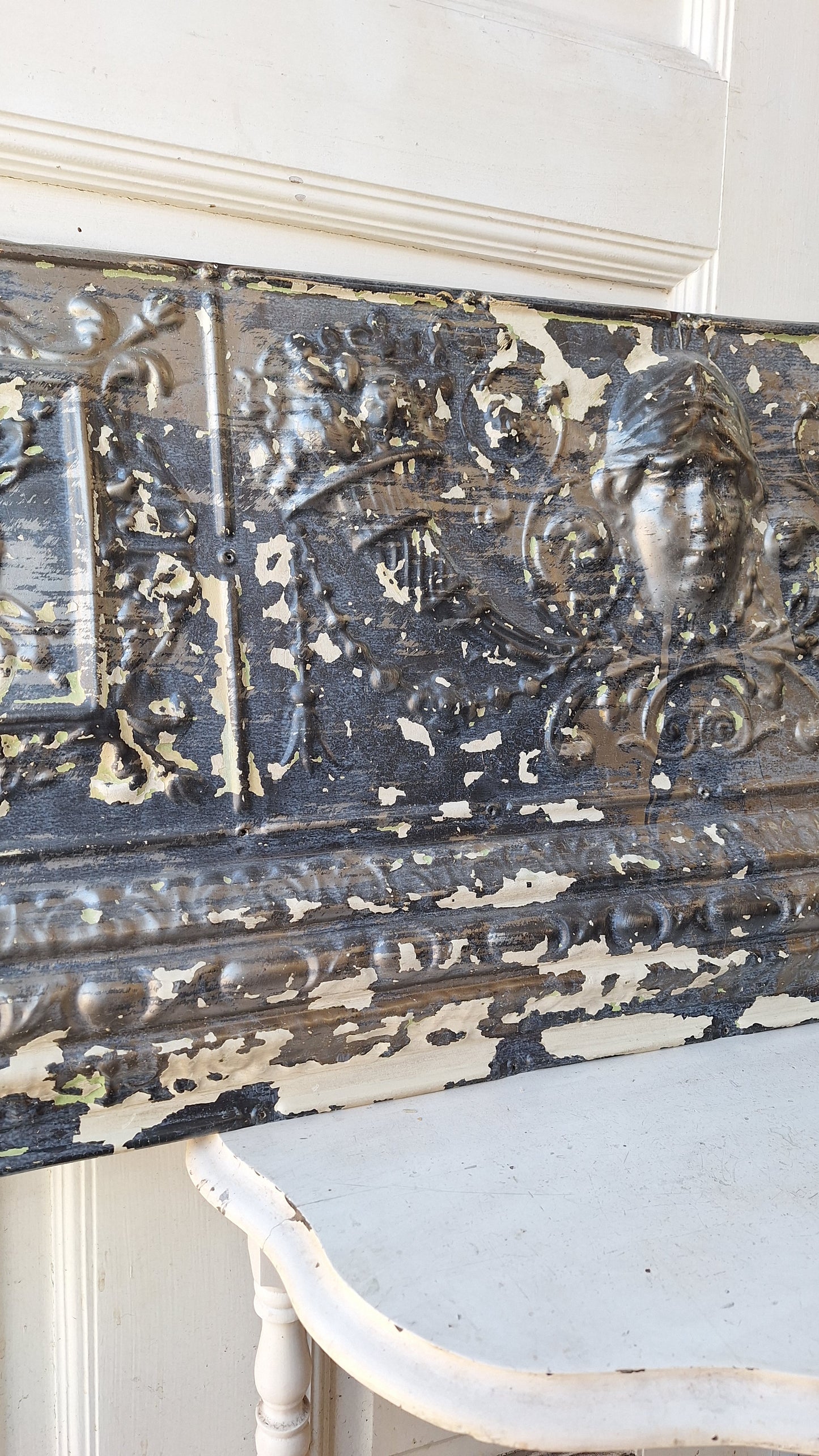 Rare Figural Tin Ceiling Tile, Woman's Face Deco Stamped Tin