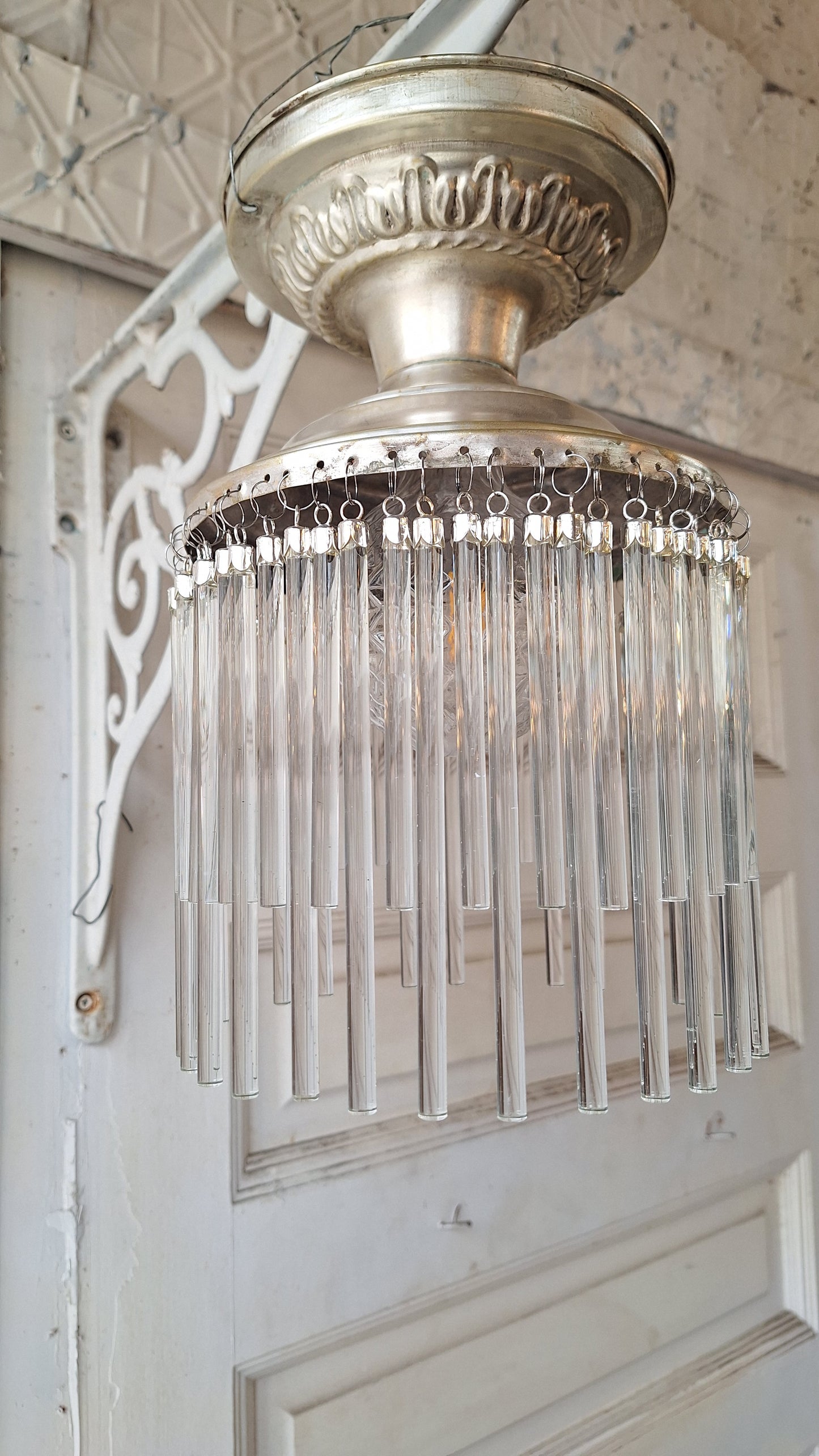 Vintage Waterfall Crystal Chandelier: 1930s Flush Mount Light