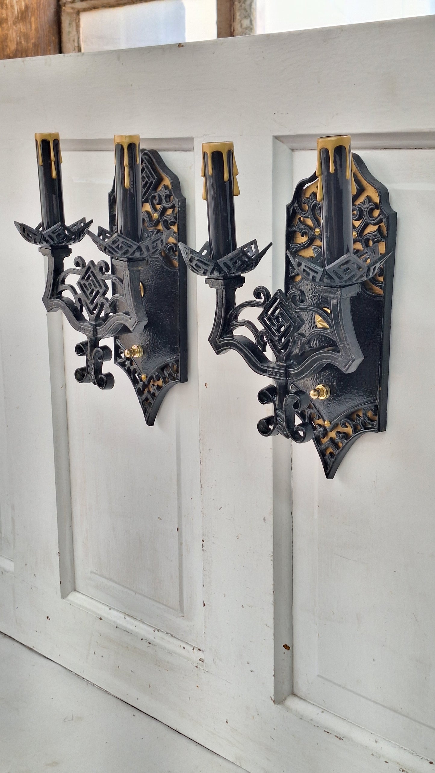 Vintage Gothic Black and Gold Sconces: Tudor Style Pair