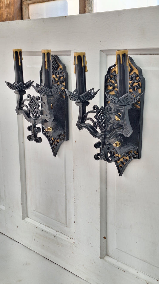 Vintage Gothic Black and Gold Sconces: Tudor Style Pair