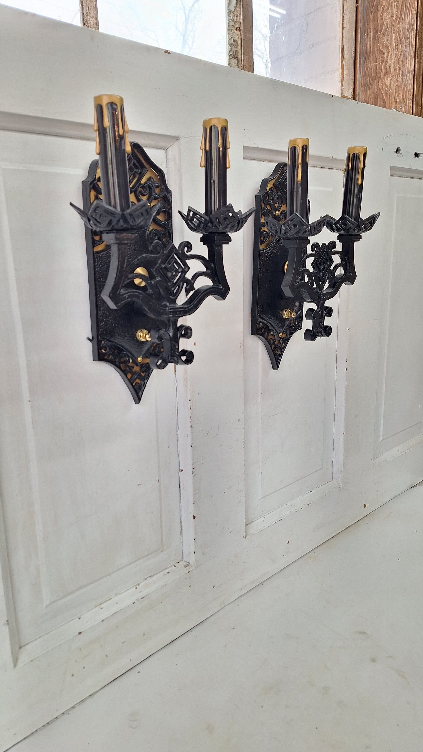 Vintage Gothic Black and Gold Sconces: Tudor Style Pair