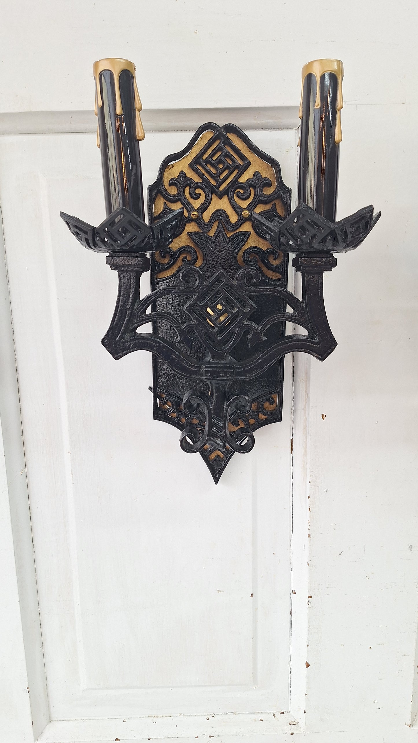 Vintage Gothic Black and Gold Sconces: Tudor Style Pair