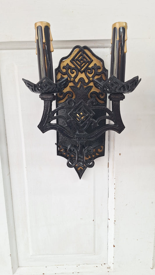 Vintage Gothic Black and Gold Sconces: Tudor Style Pair