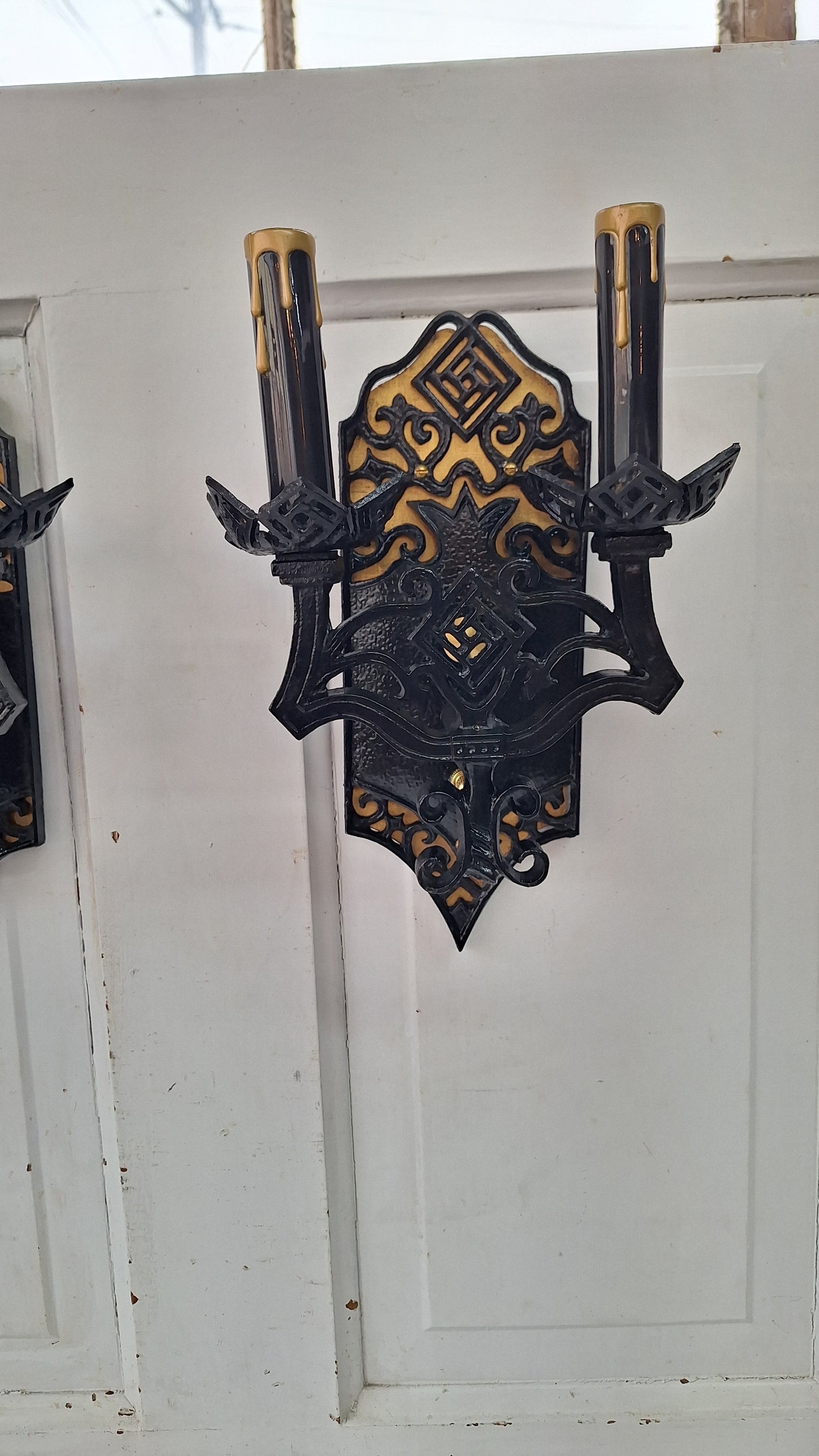 Vintage Gothic Black and Gold Sconces: Tudor Style Pair