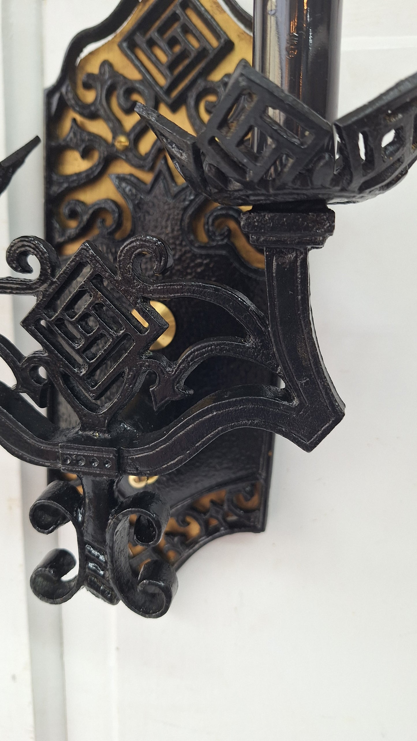 Vintage Gothic Black and Gold Sconces: Tudor Style Pair