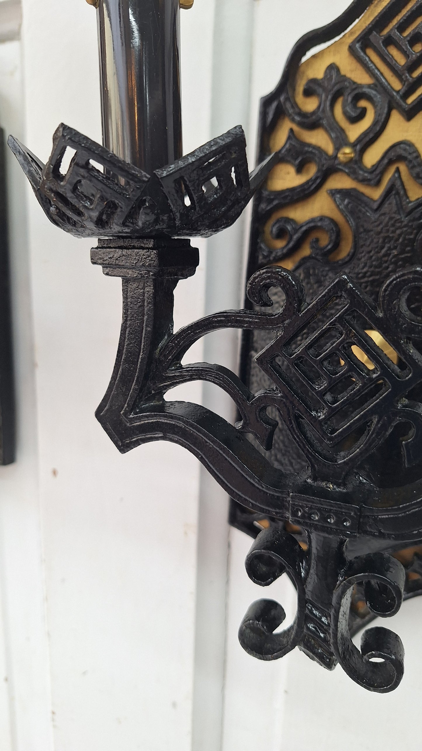 Vintage Gothic Black and Gold Sconces: Tudor Style Pair