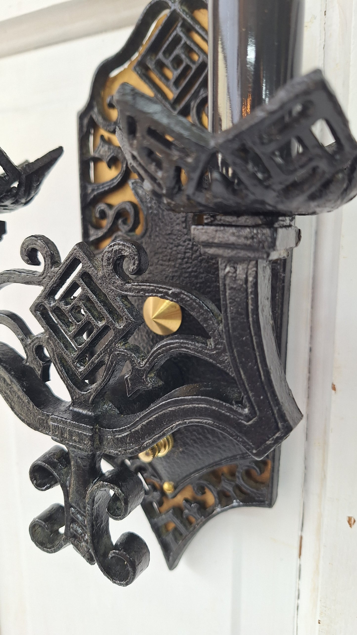 Vintage Gothic Black and Gold Sconces: Tudor Style Pair