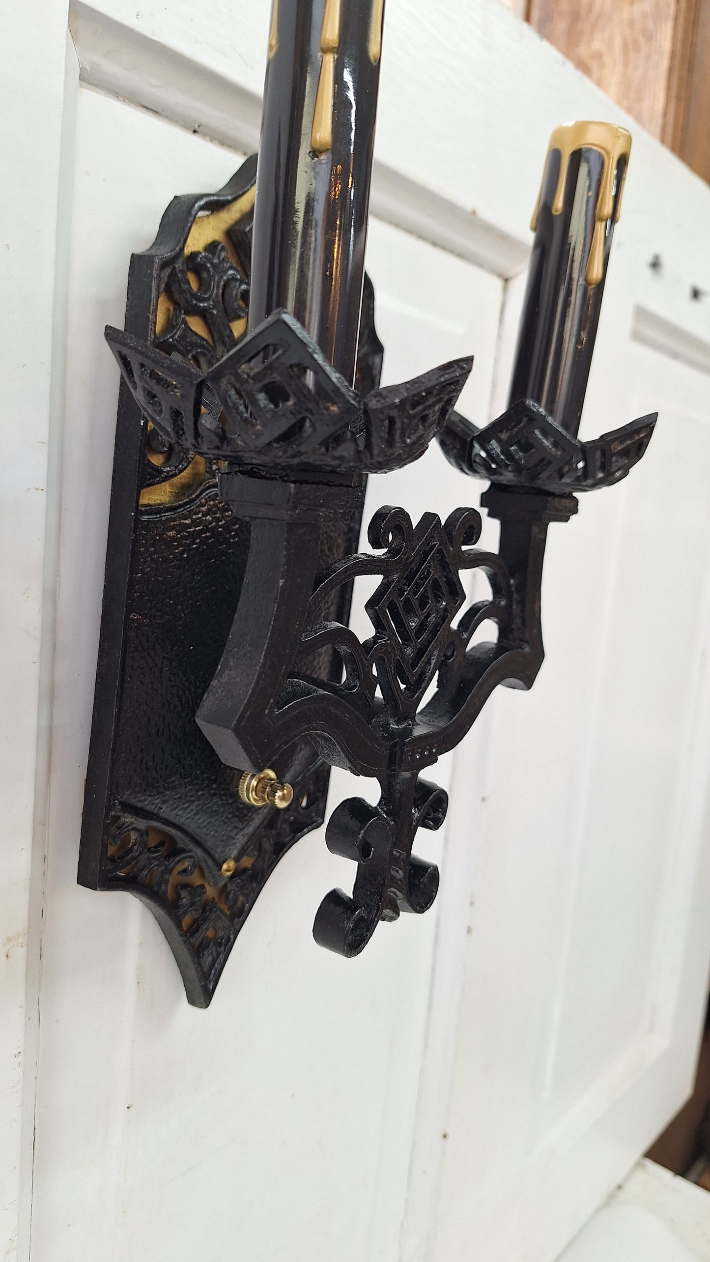 Vintage Gothic Black and Gold Sconces: Tudor Style Pair