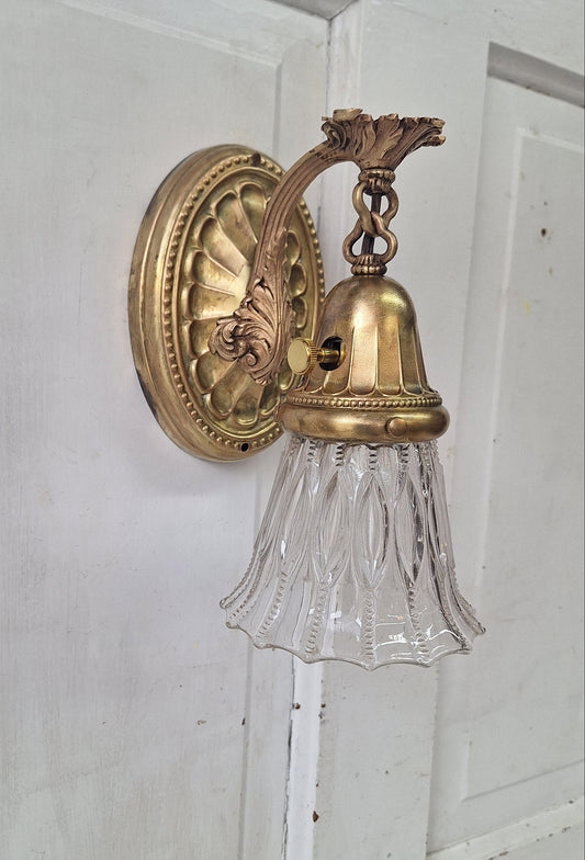 Vintage Brass Wall Sconce: Fluted Glass, Architectural Salvage