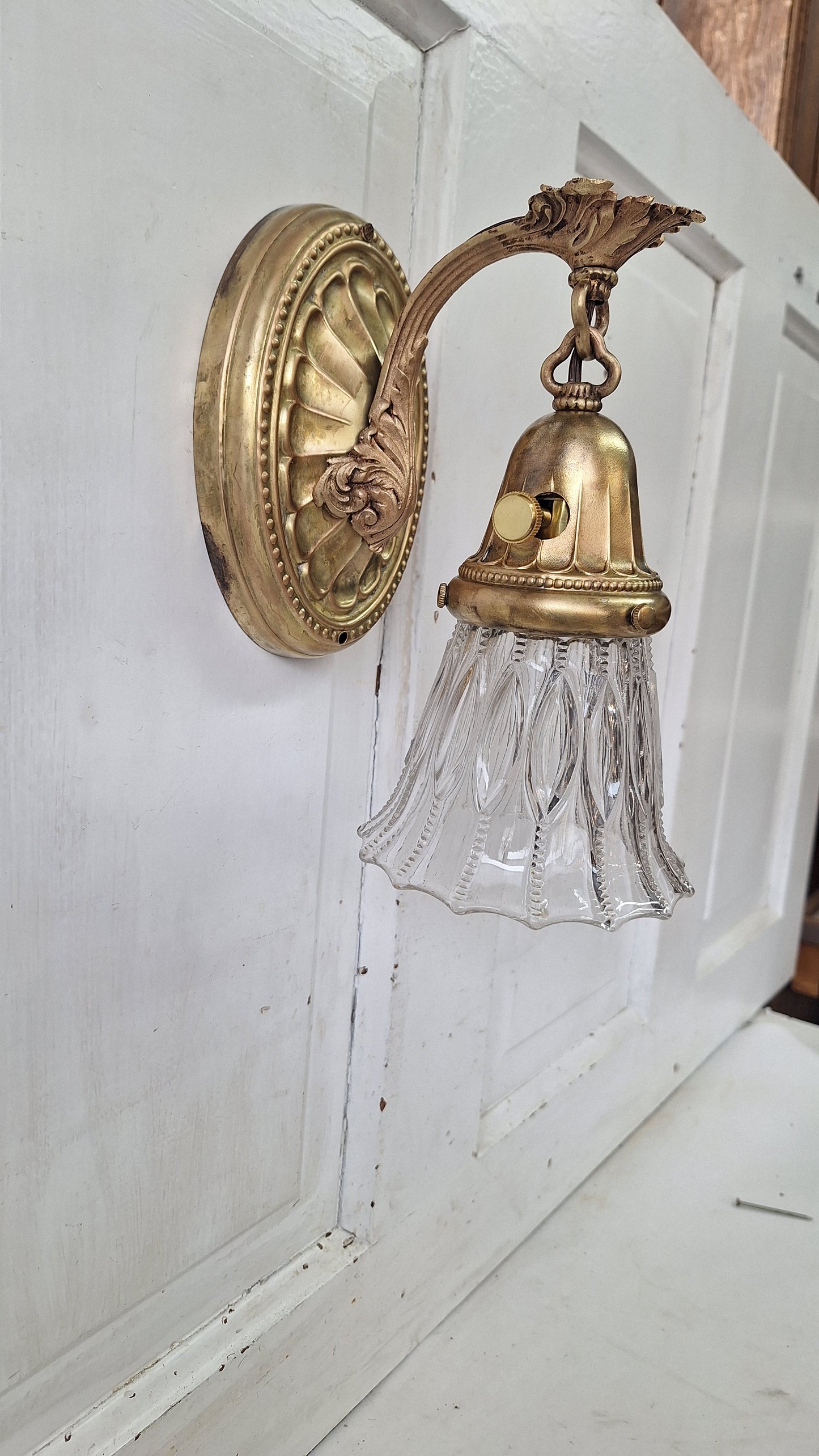 Vintage Brass Wall Sconce: Fluted Glass, Architectural Salvage