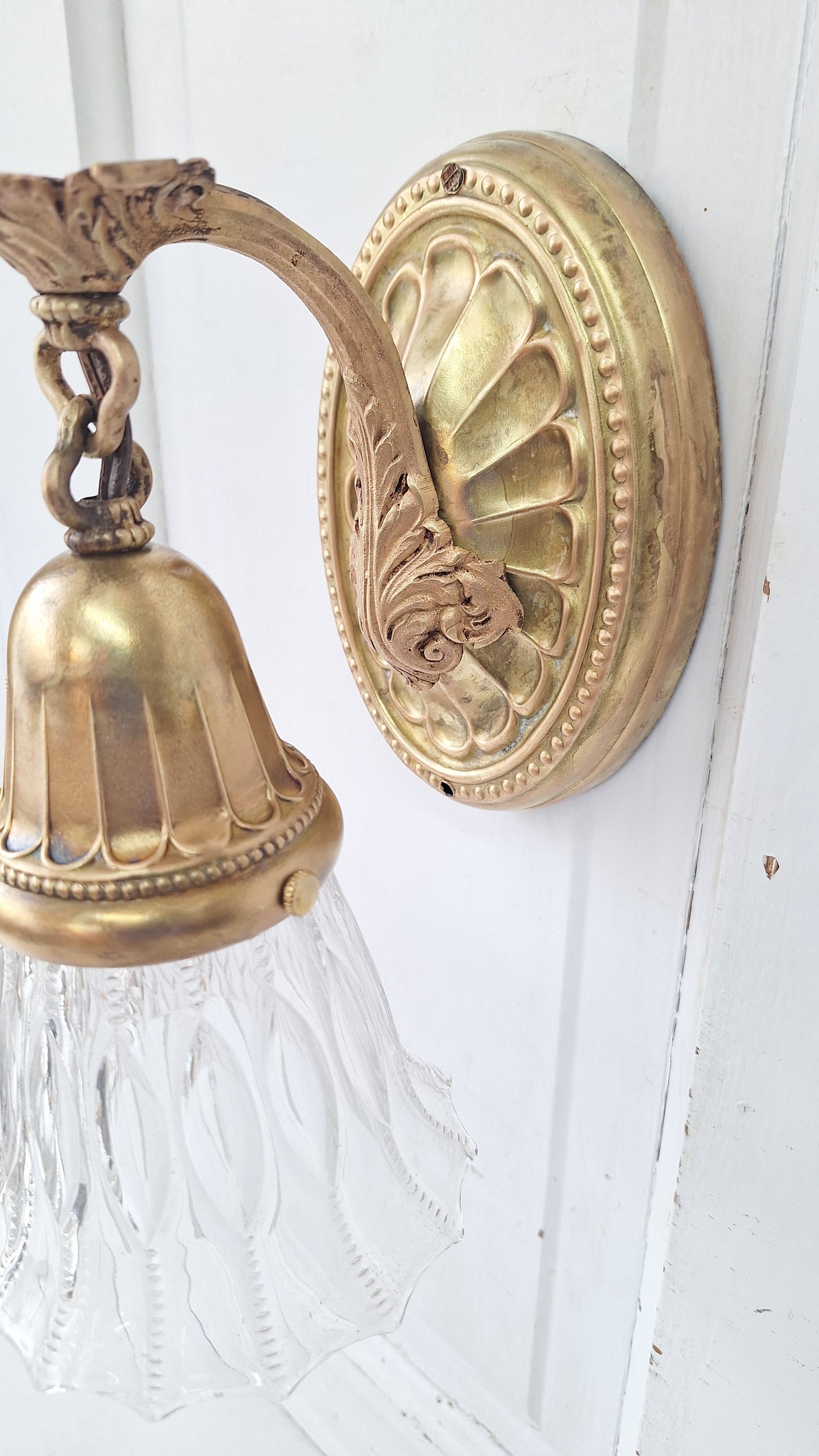 Vintage Brass Wall Sconce: Fluted Glass, Architectural Salvage