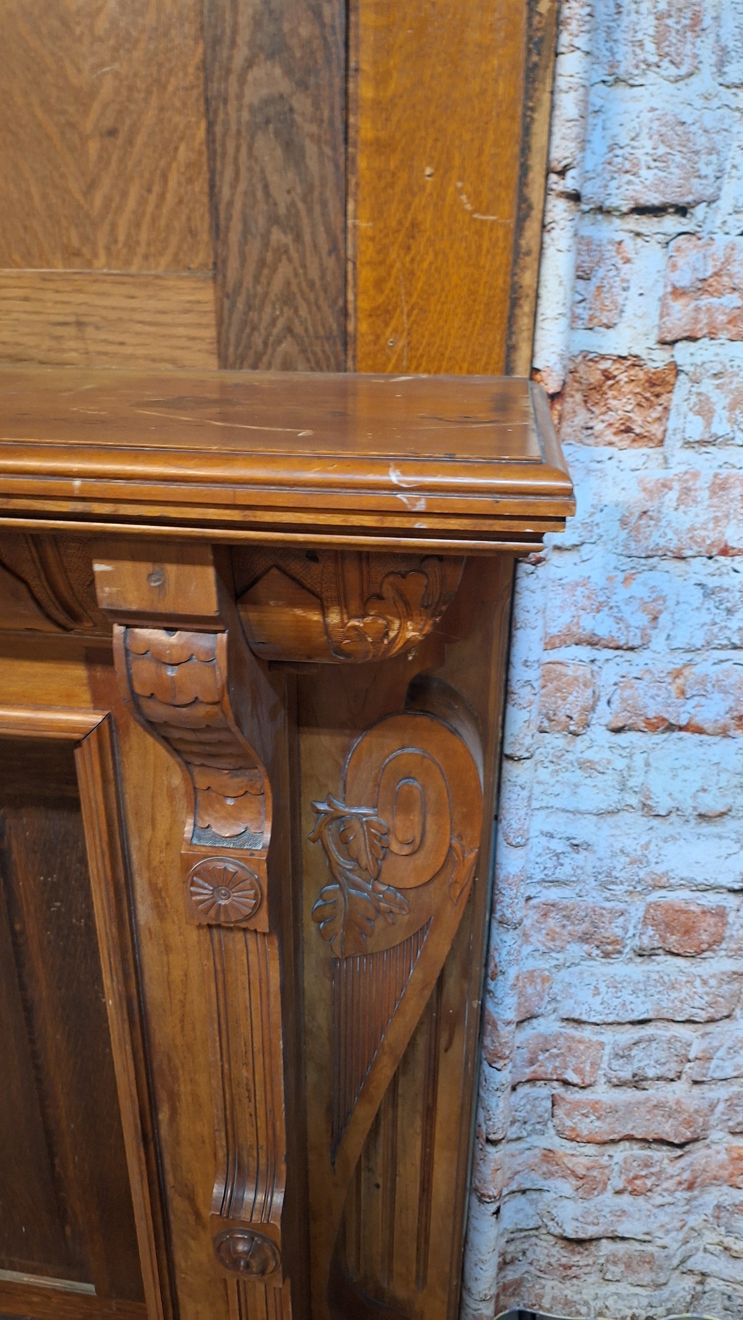 Carved Wood Antique Mantle, Victorian Era Fireplace Surround