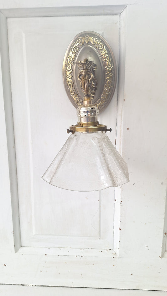 Antique Fluted Glass Shade Sconce, Silver and Gold Wall Light