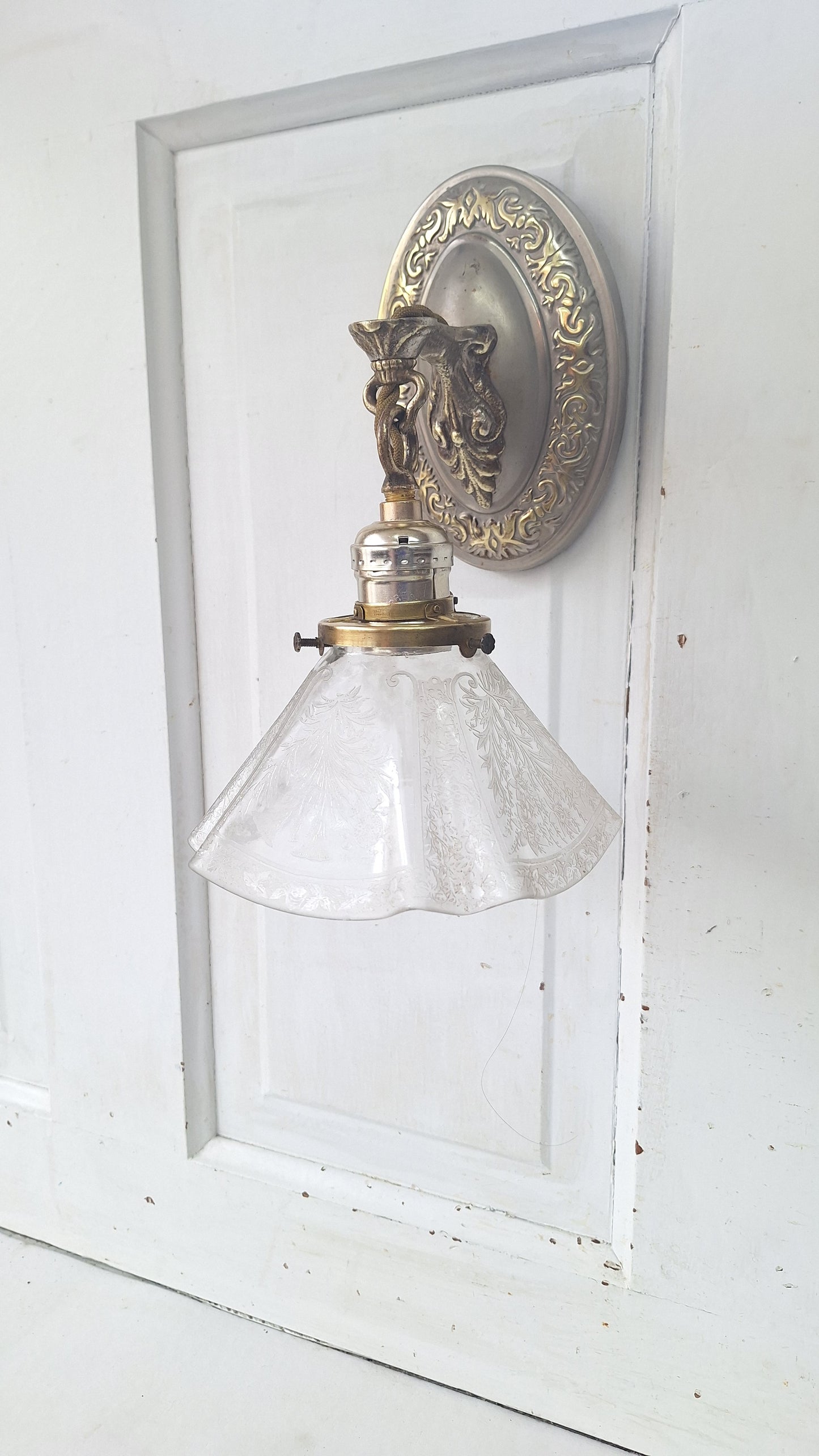 Antique Fluted Glass Shade Sconce, Silver and Gold Wall Light