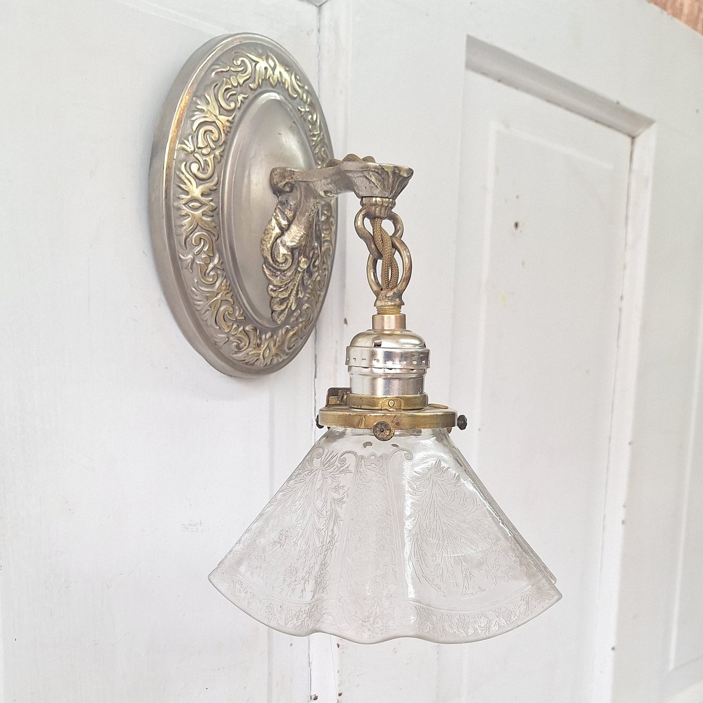 Antique Fluted Glass Shade Sconce, Silver and Gold Wall Light