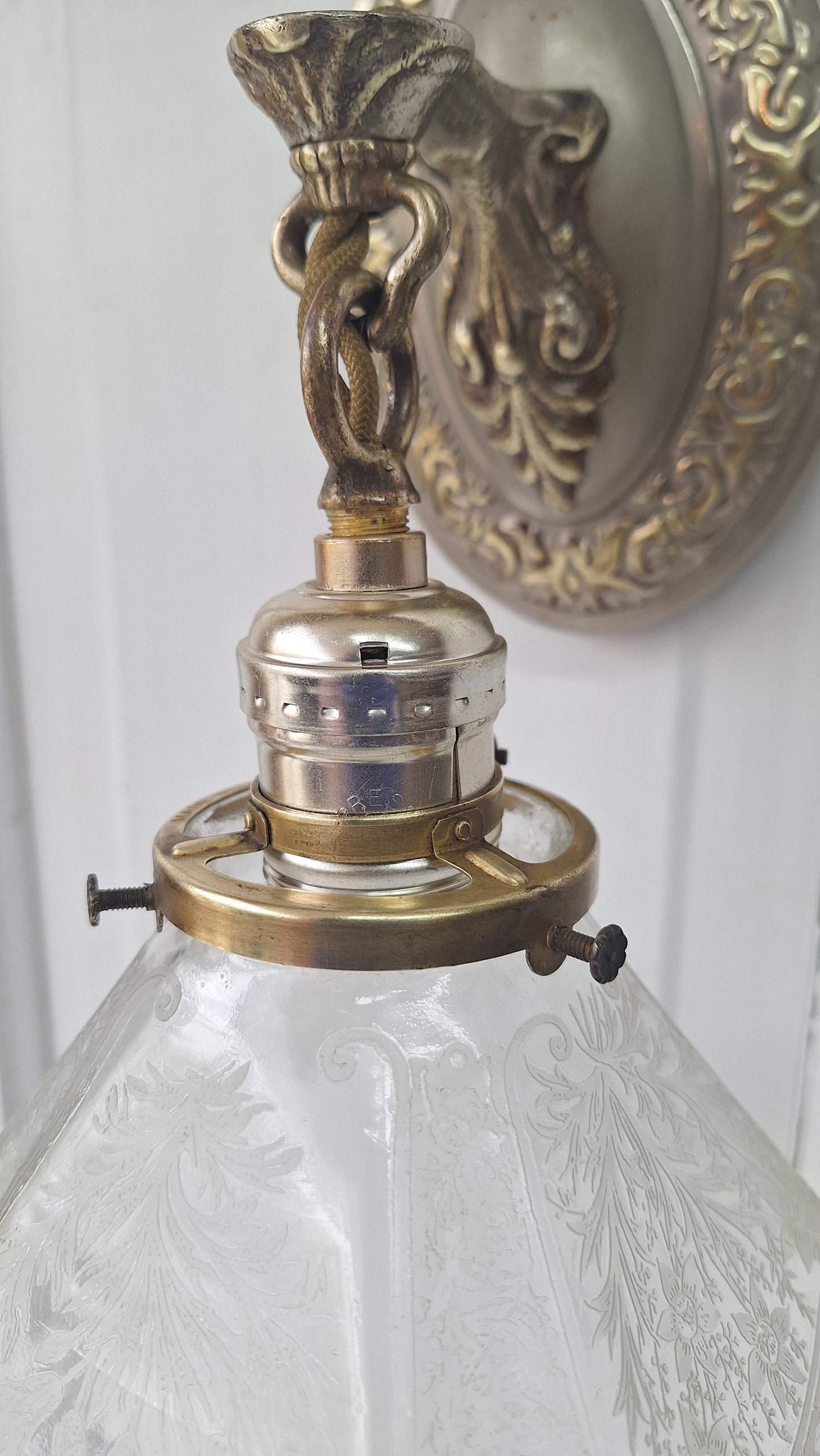 Antique Fluted Glass Shade Sconce, Silver and Gold Wall Light