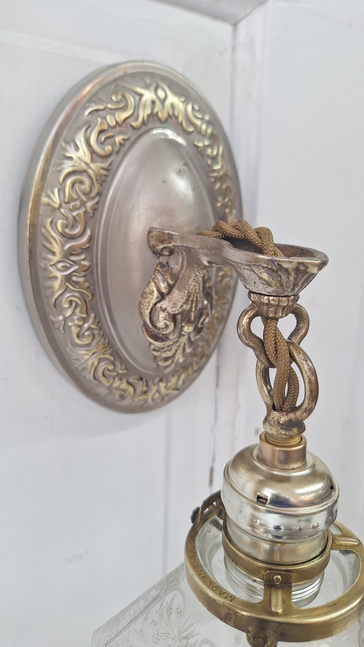 Antique Fluted Glass Shade Sconce, Silver and Gold Wall Light