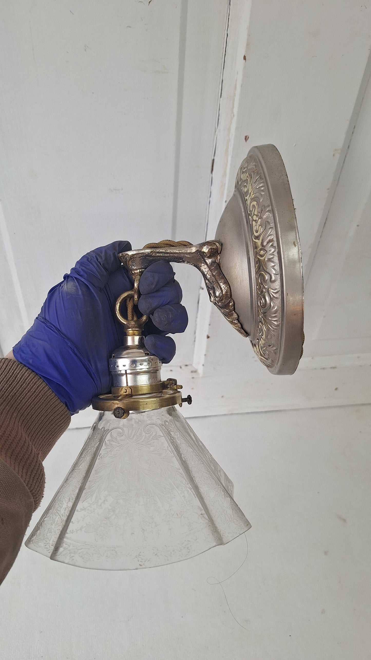 Antique Fluted Glass Shade Sconce, Silver and Gold Wall Light