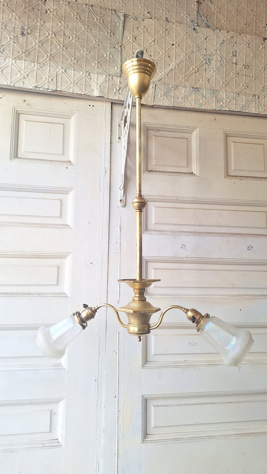 Etched Glass Antique Chandelier: Vintage Brass Lighting, Early Electric
