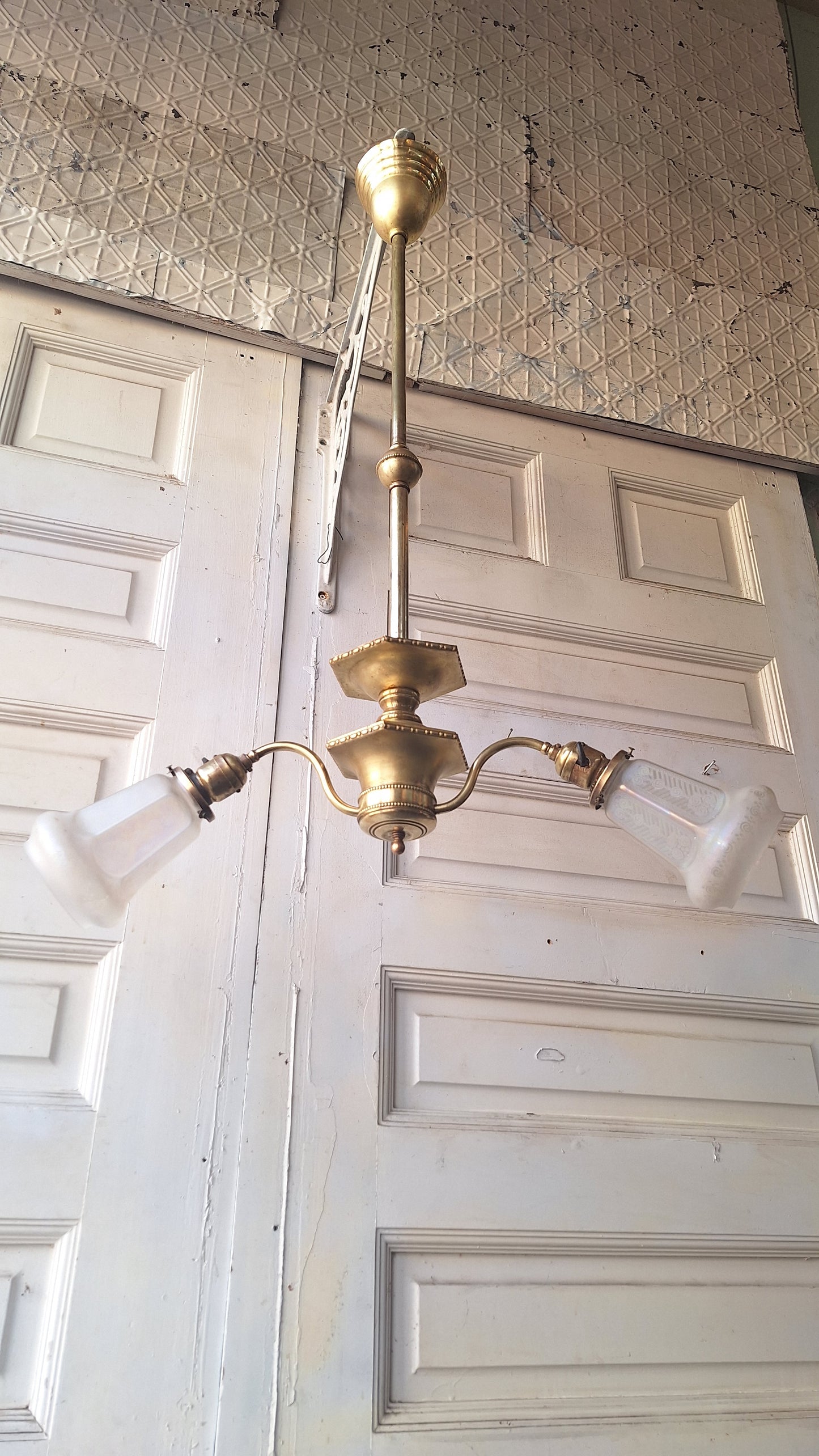 Etched Glass Antique Chandelier: Vintage Brass Lighting, Early Electric