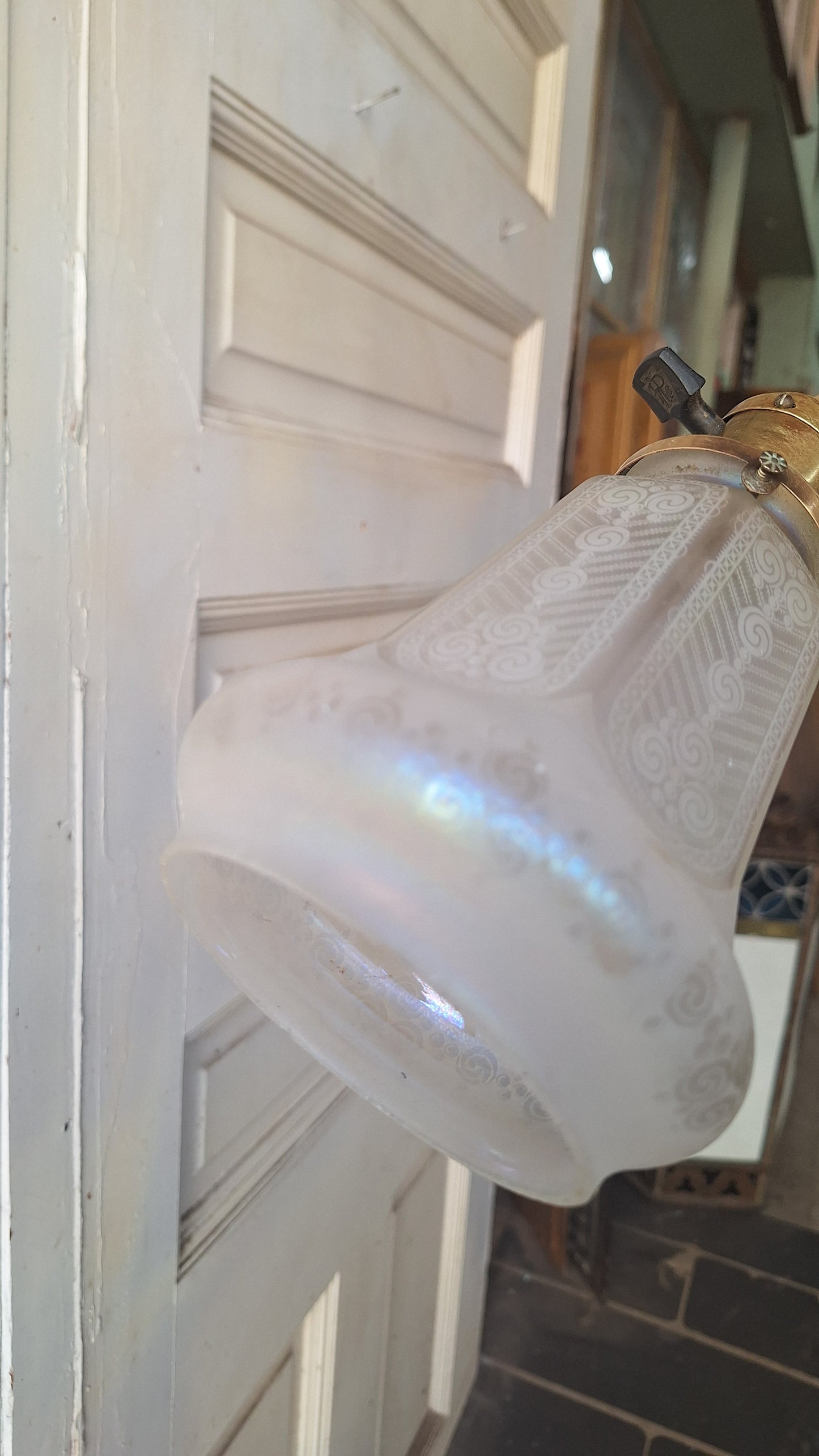 Etched Glass Antique Chandelier: Vintage Brass Lighting, Early Electric