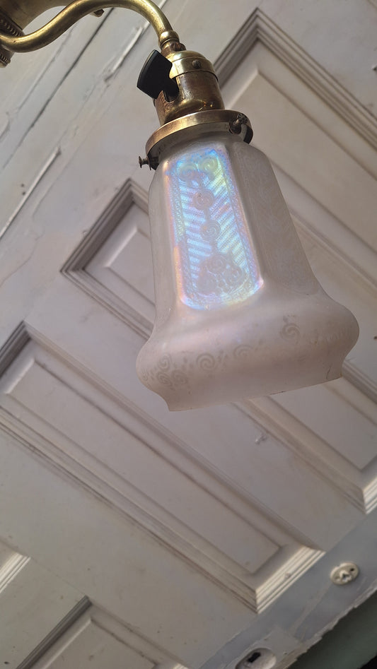 Etched Glass Antique Chandelier: Vintage Brass Lighting, Early Electric
