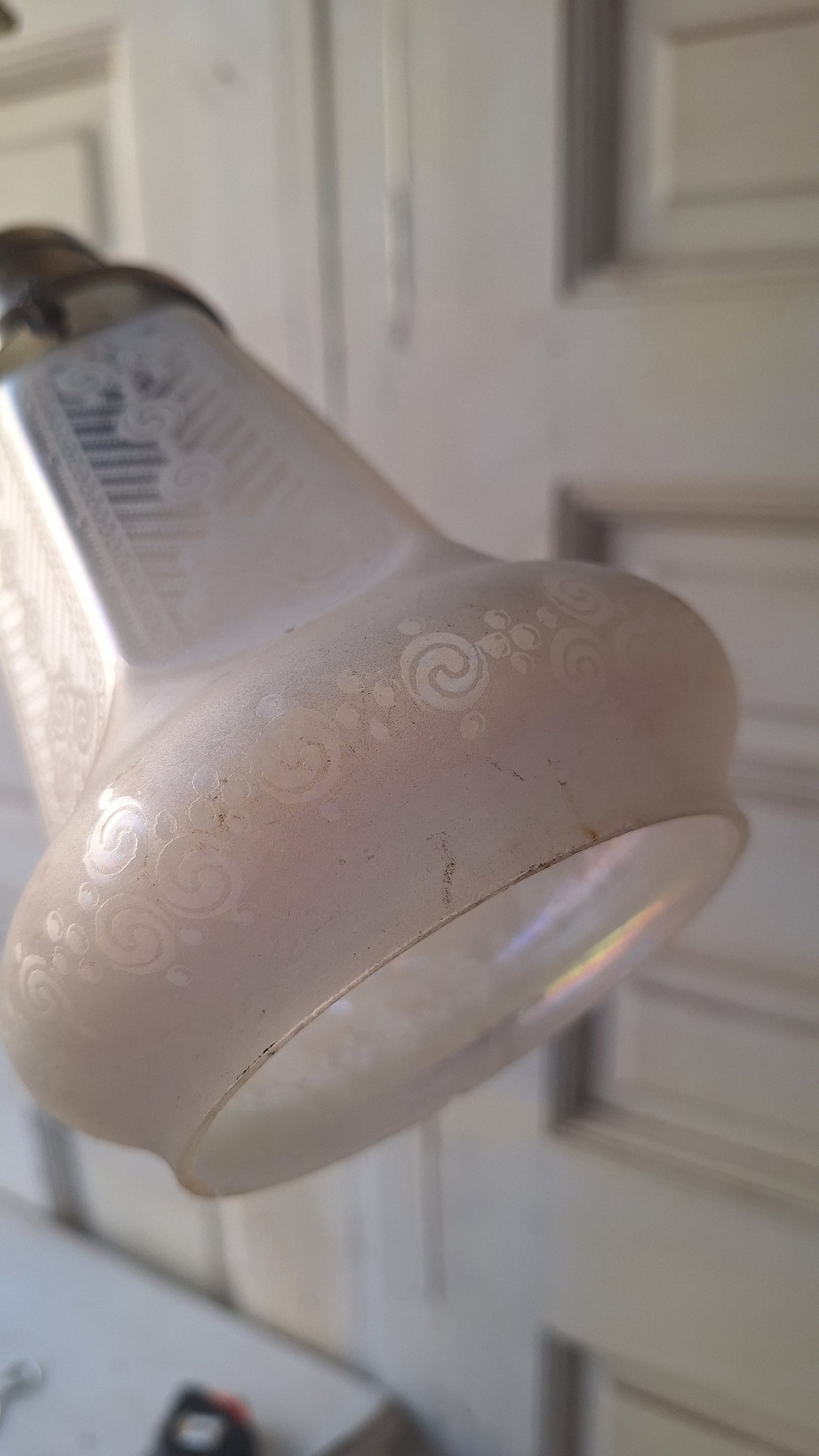 Etched Glass Antique Chandelier: Vintage Brass Lighting, Early Electric