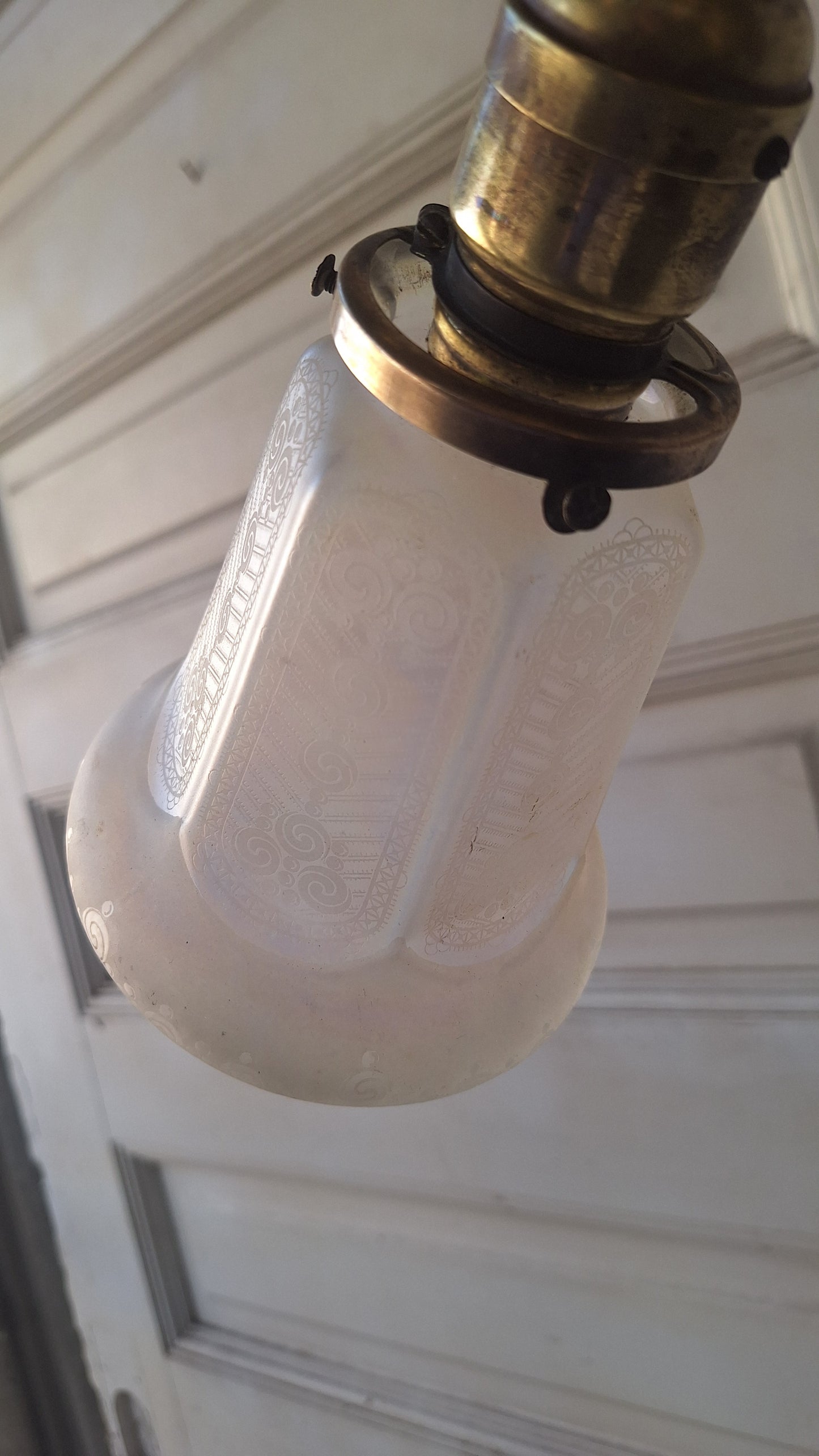 Etched Glass Antique Chandelier: Vintage Brass Lighting, Early Electric
