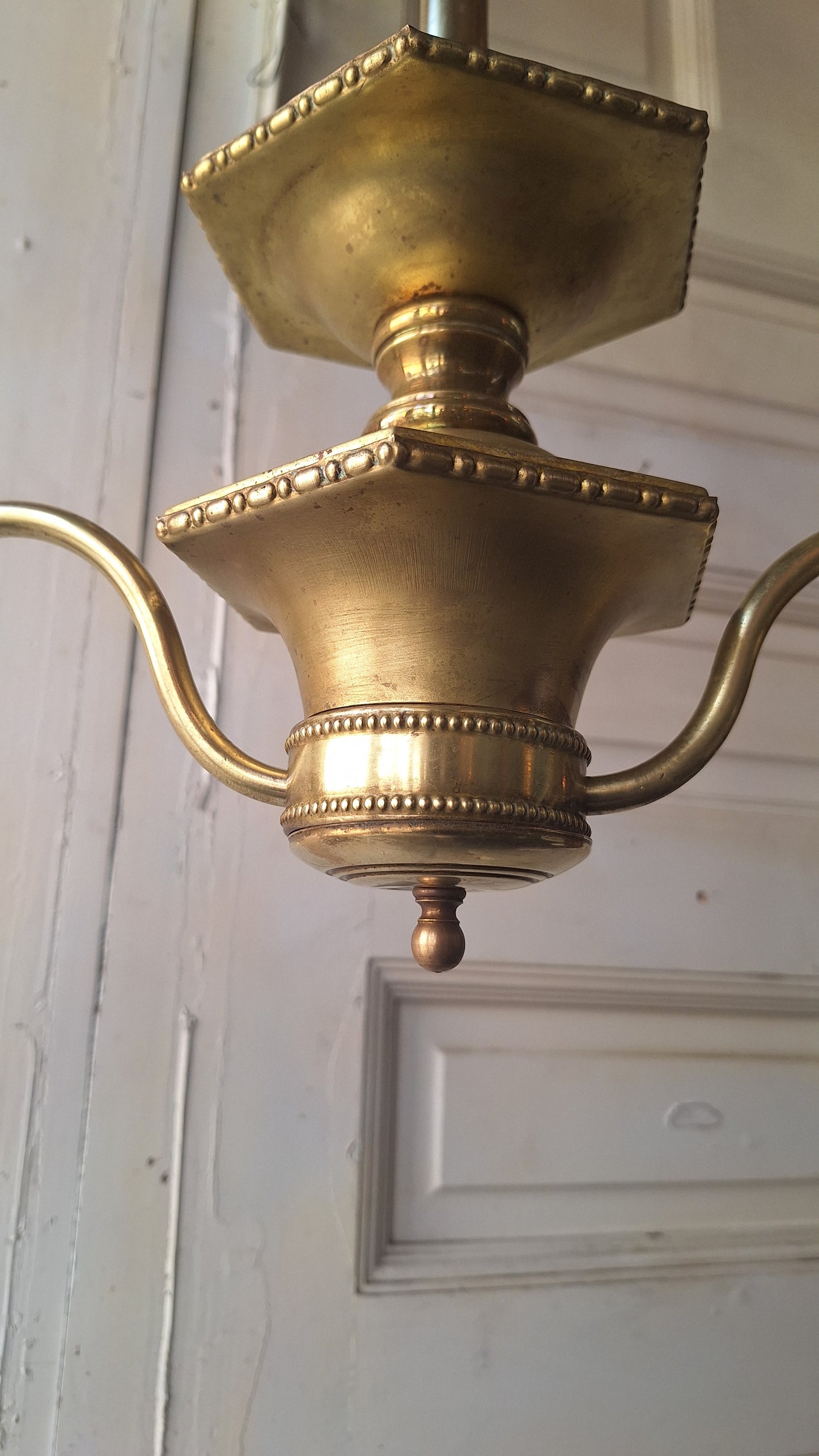 Etched Glass Antique Chandelier: Vintage Brass Lighting, Early Electric