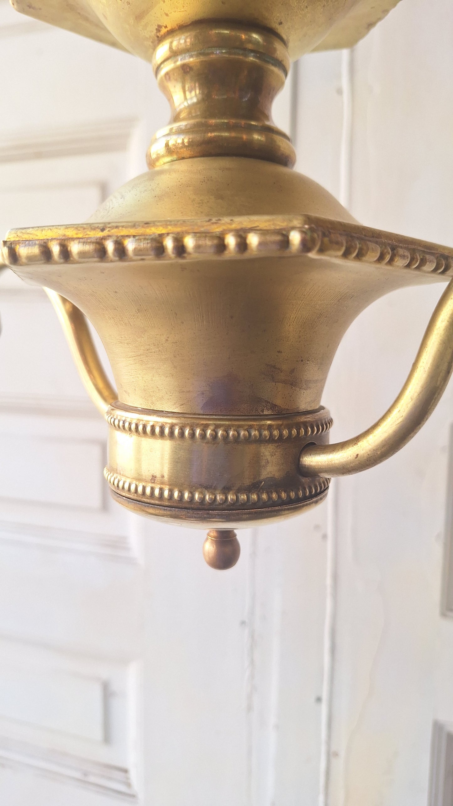 Etched Glass Antique Chandelier: Vintage Brass Lighting, Early Electric