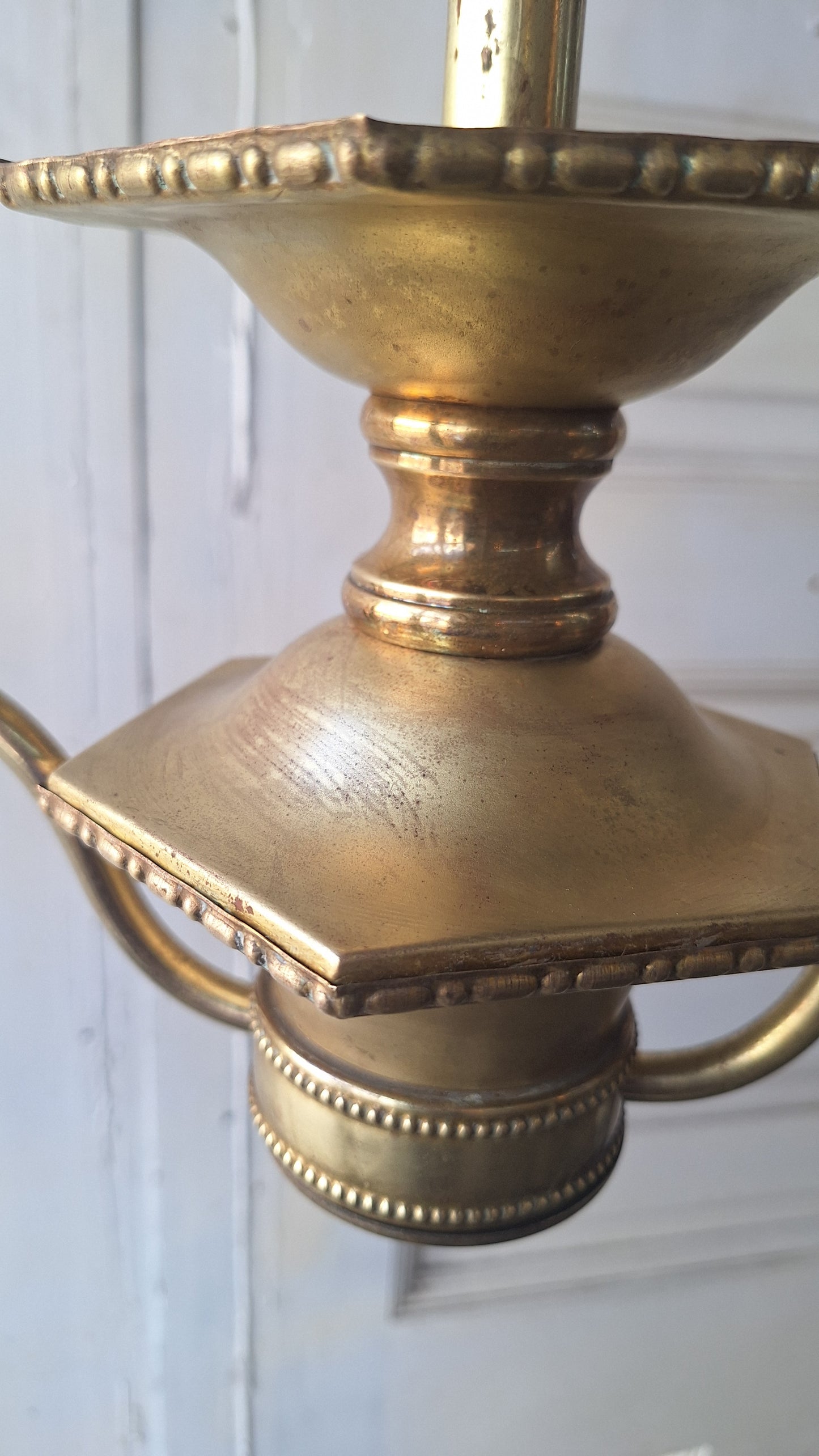 Etched Glass Antique Chandelier: Vintage Brass Lighting, Early Electric