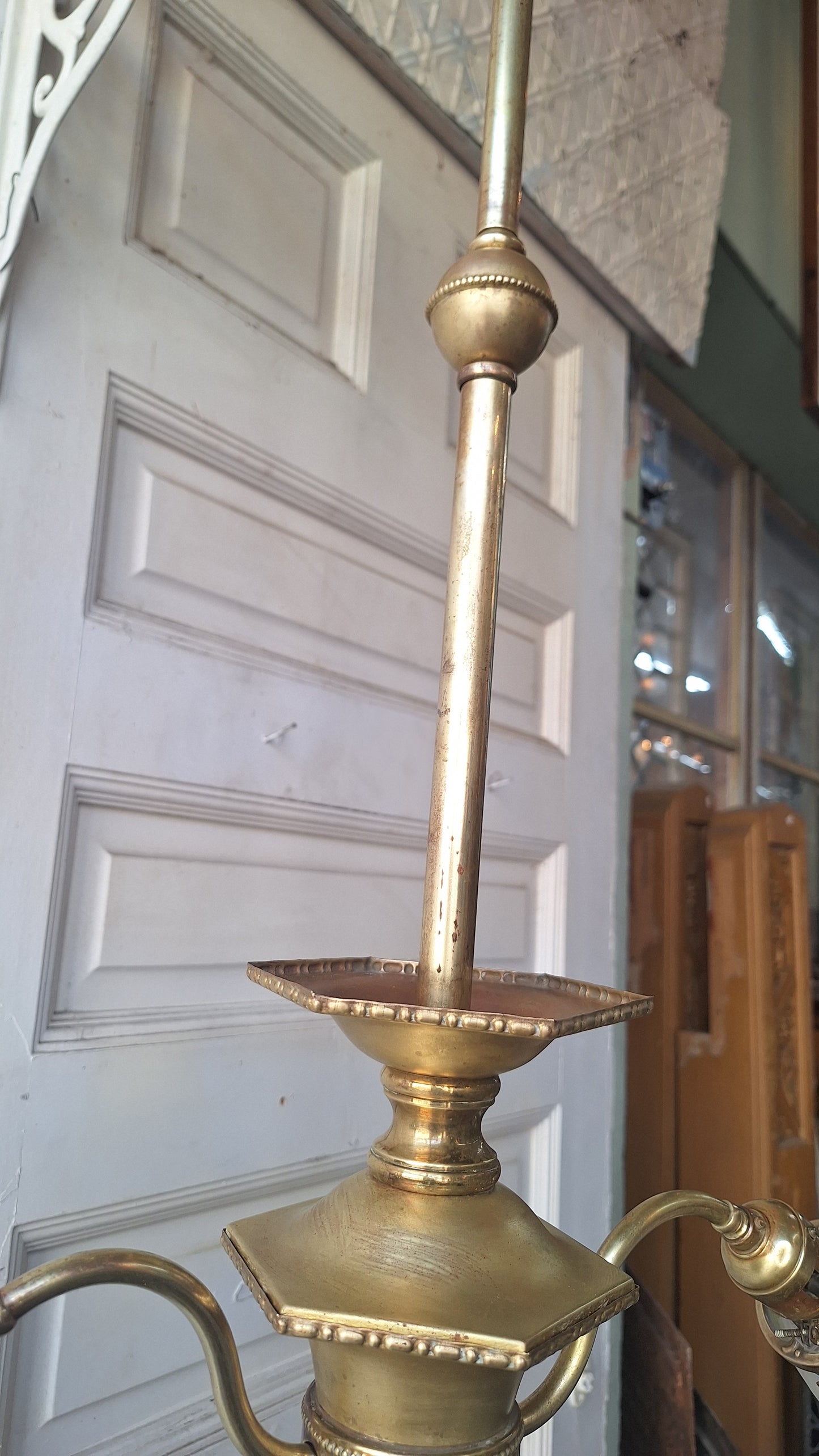Etched Glass Antique Chandelier: Vintage Brass Lighting, Early Electric