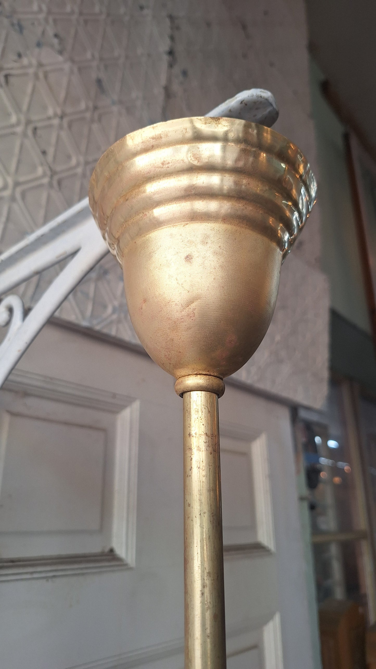 Etched Glass Antique Chandelier: Vintage Brass Lighting, Early Electric