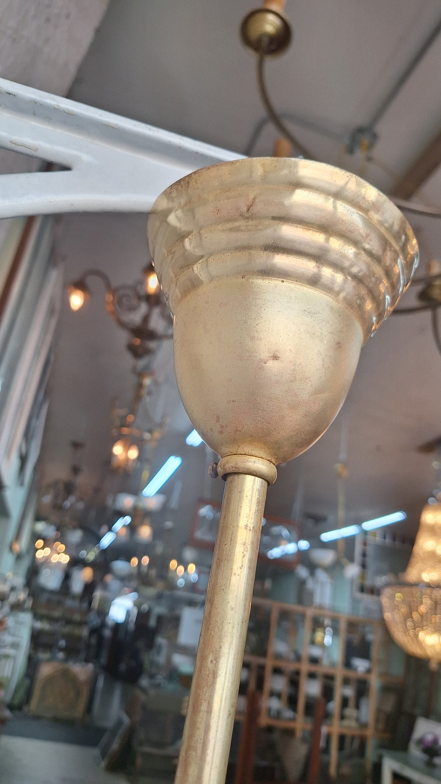 Etched Glass Antique Chandelier: Vintage Brass Lighting, Early Electric