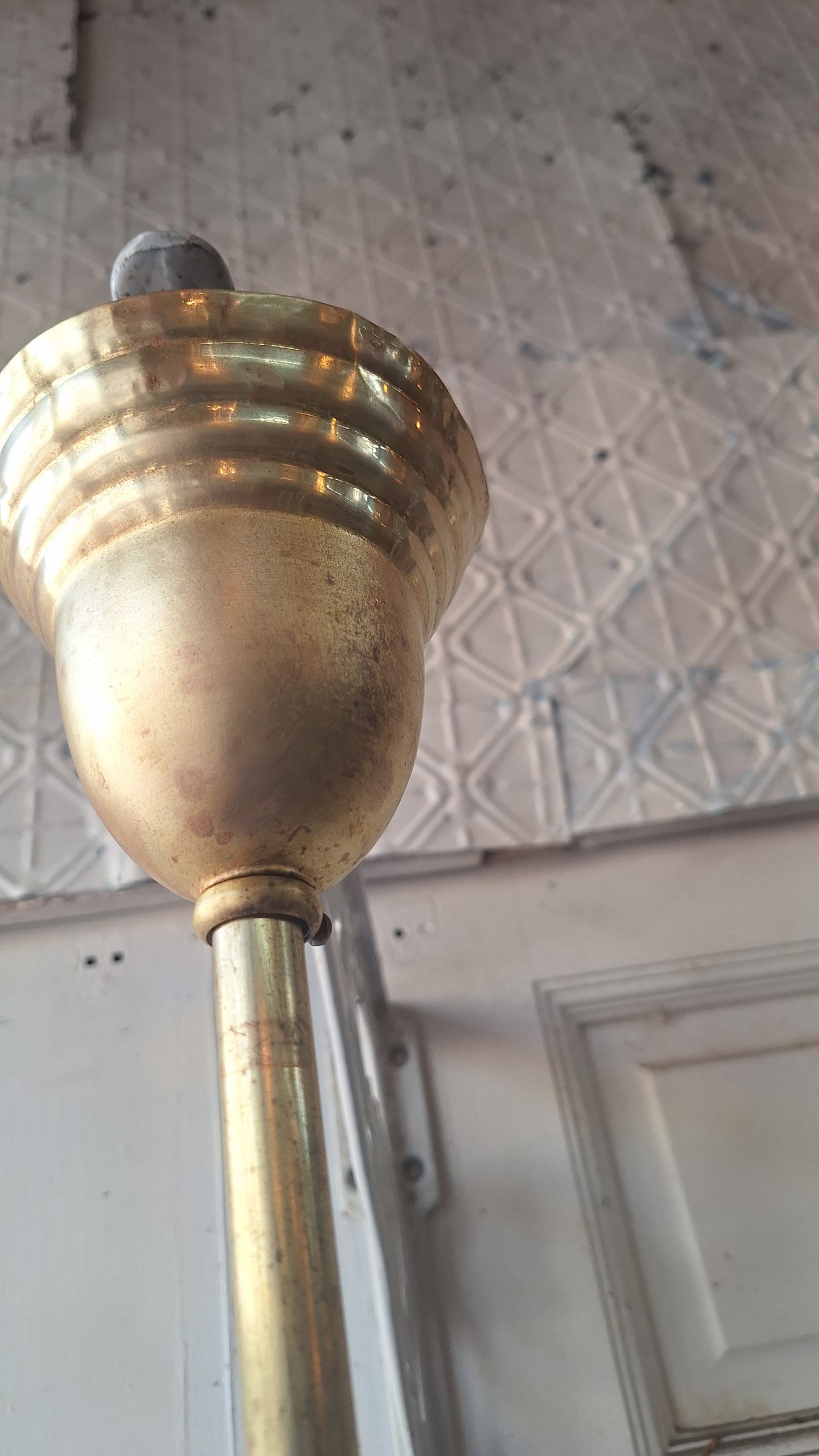Etched Glass Antique Chandelier: Vintage Brass Lighting, Early Electric