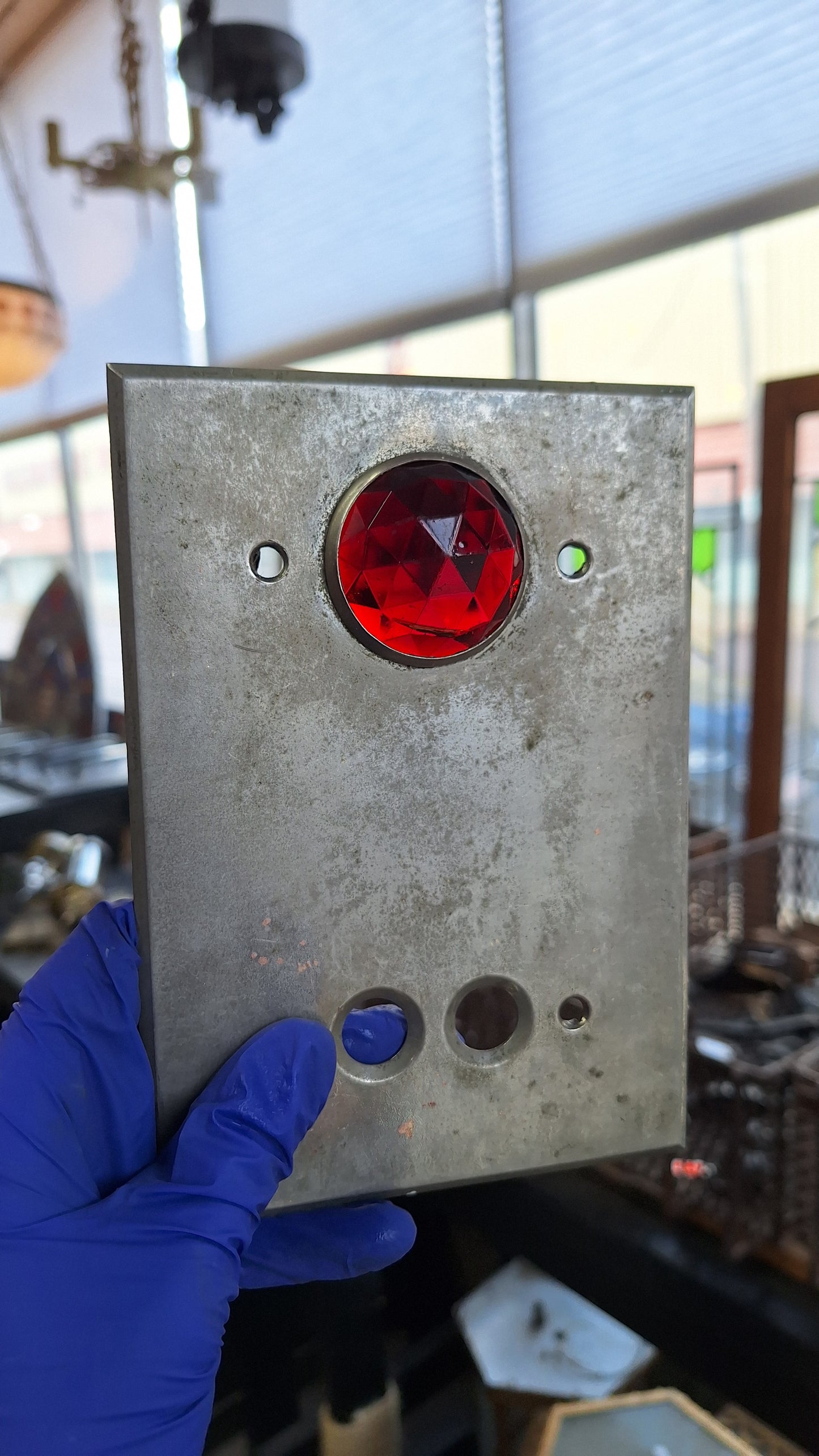 Nickel Plated Switch Cover with Indicator Light, Ruby Red Faceted Glass