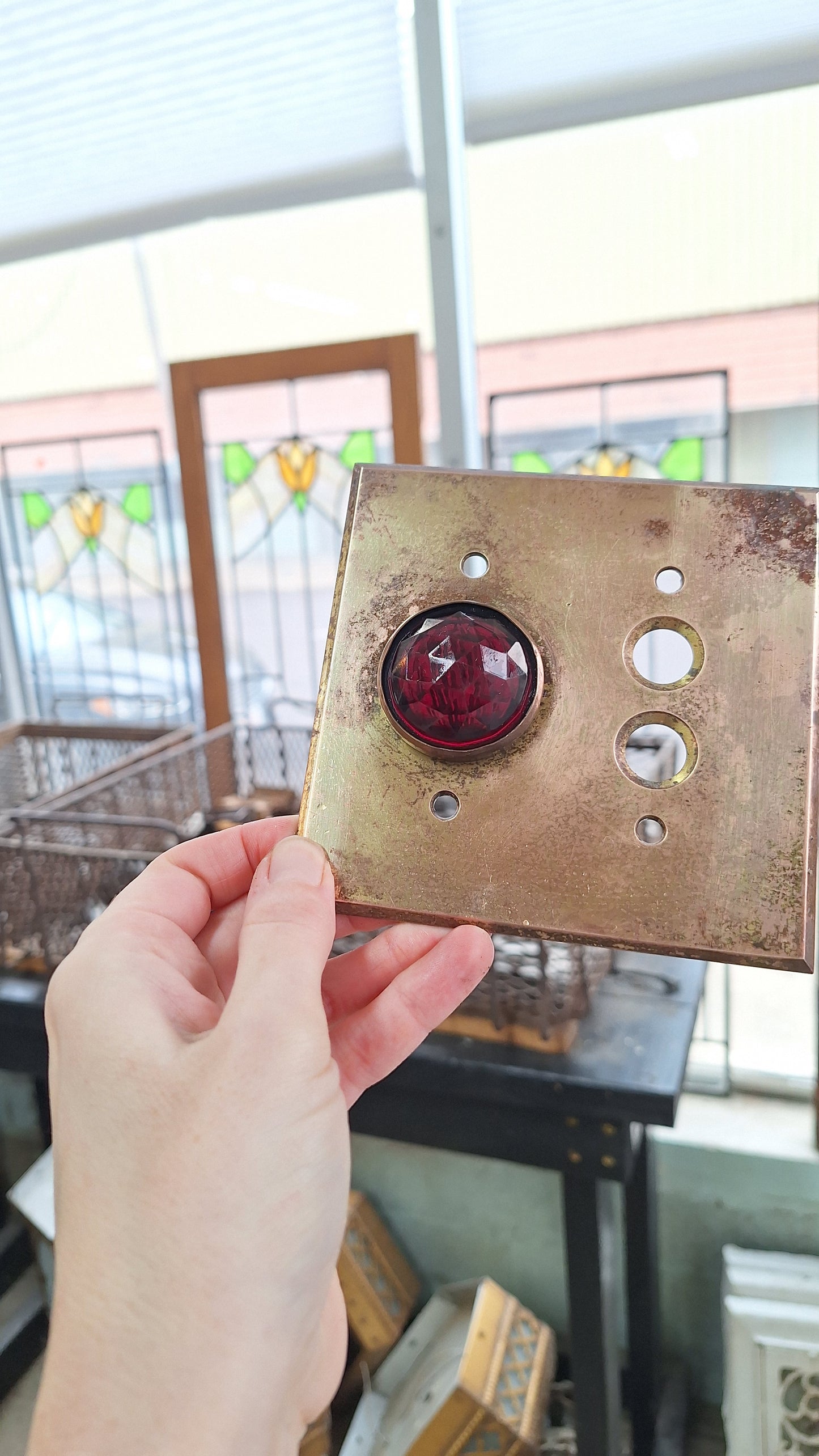 Bronze Switch Cover with Indicator Light, Ruby Red Faceted Glass