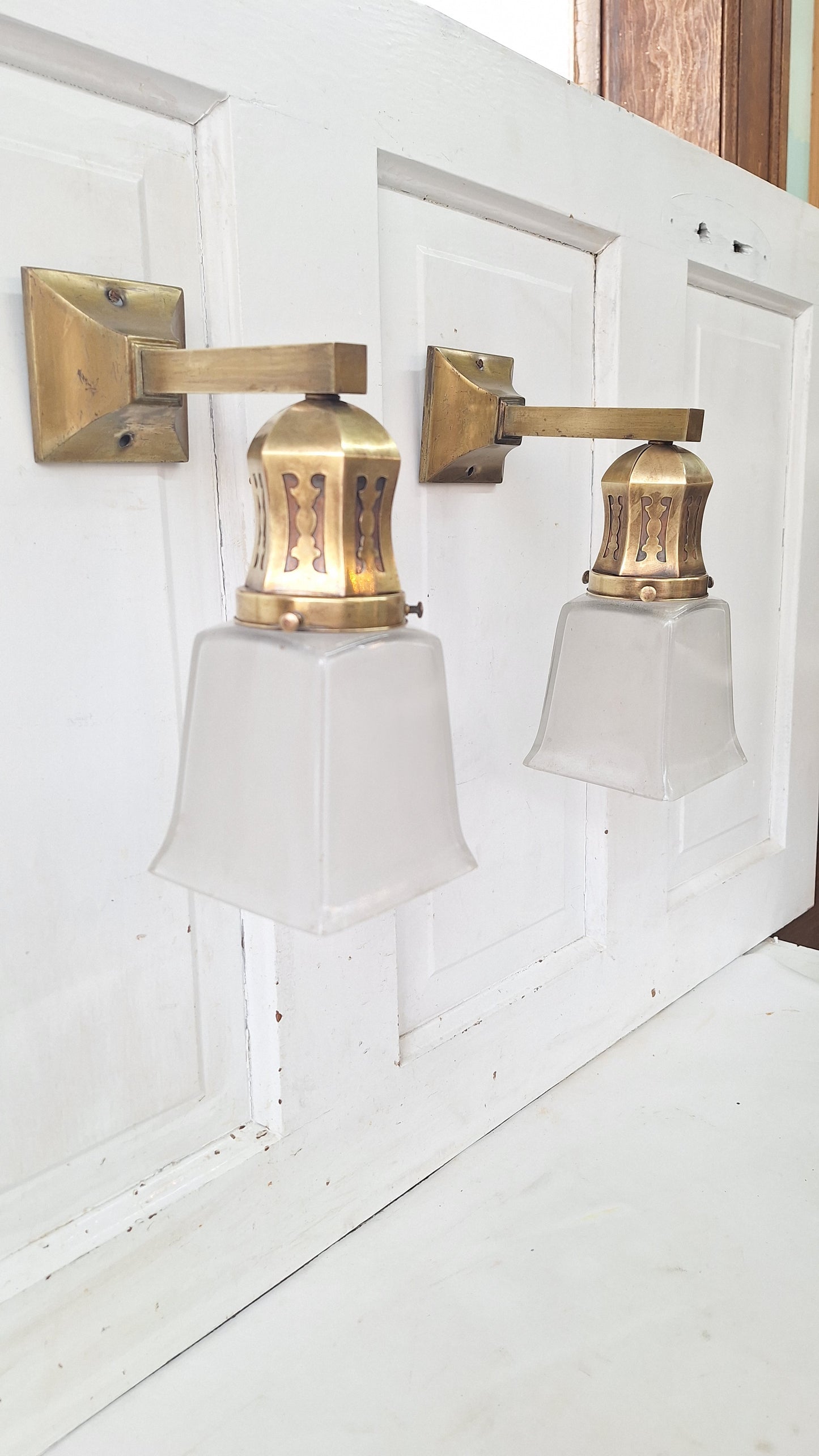 Antique Brass Sconces with Square Shades, Mission Style Sconces