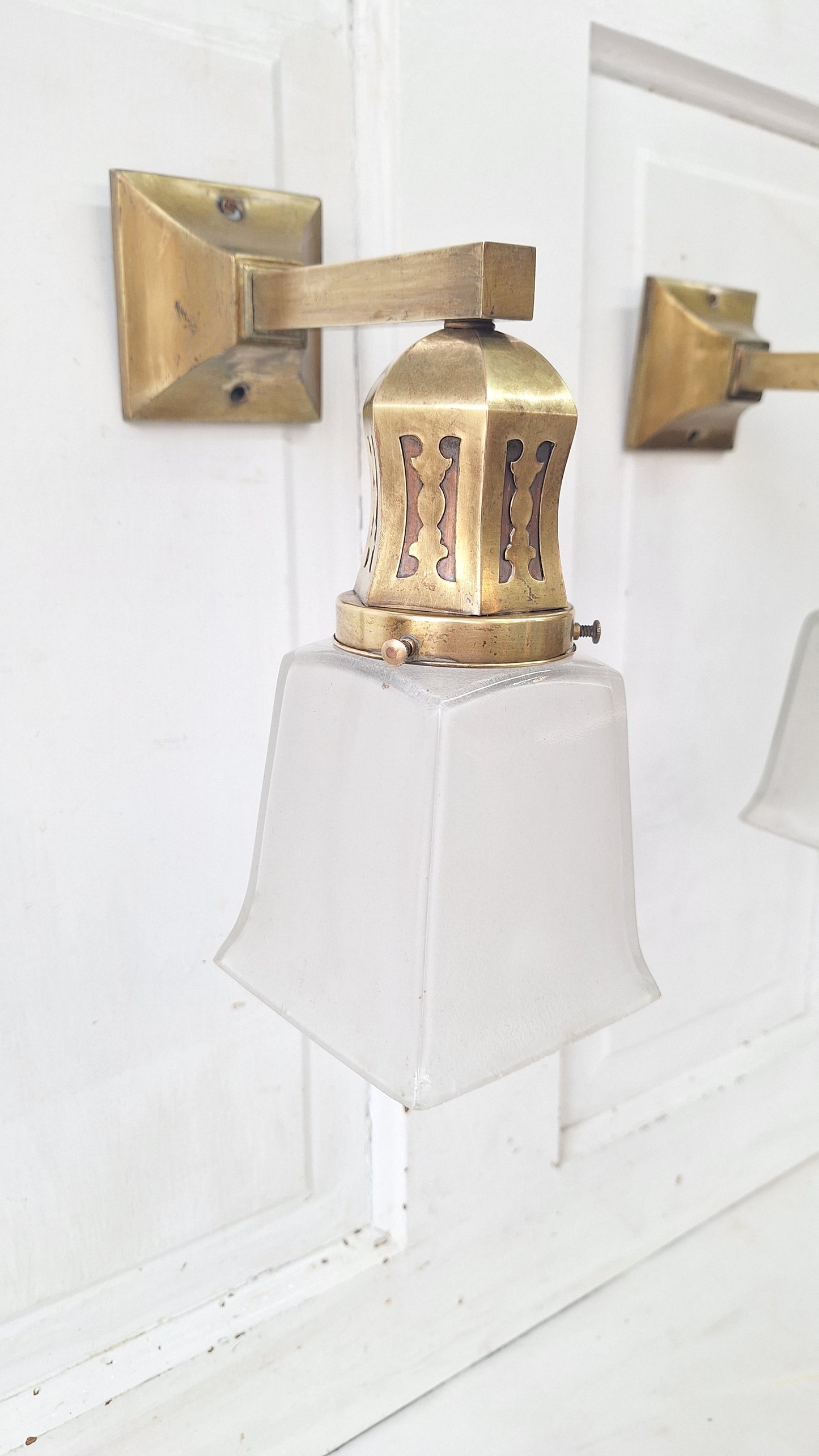 Antique Brass Sconces with Square Shades, Mission Style Sconces