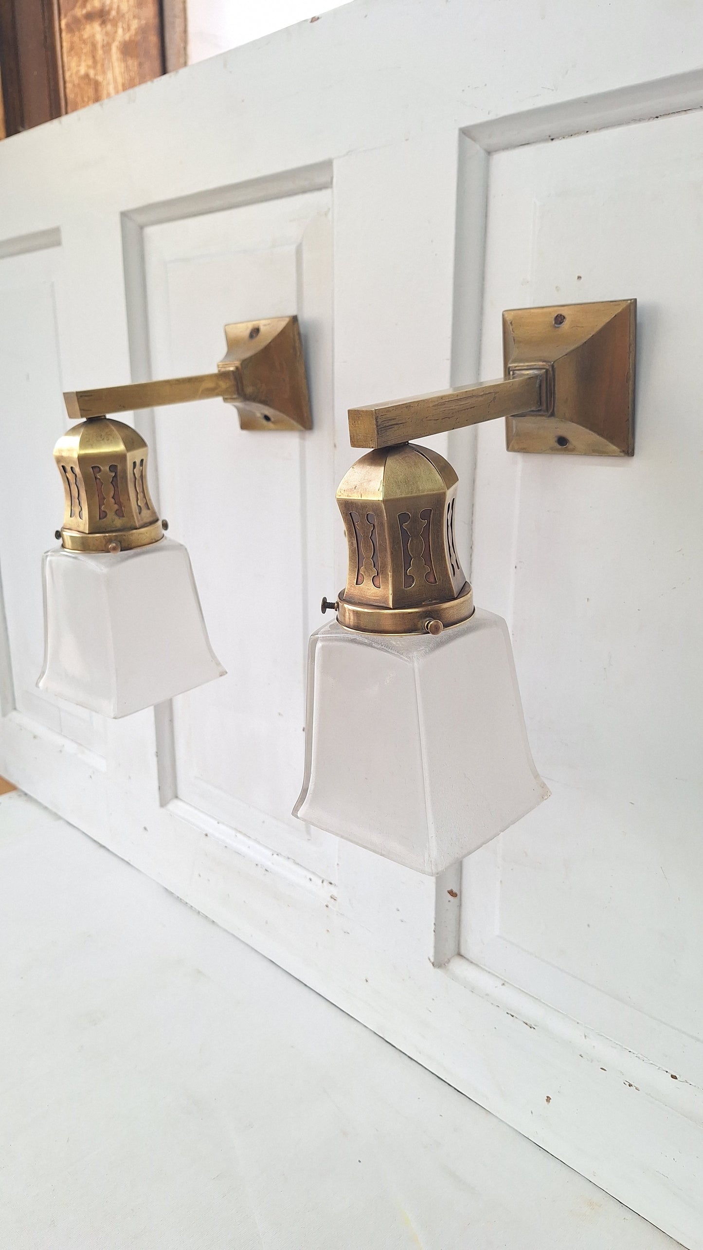 Antique Brass Sconces with Square Shades, Mission Style Sconces